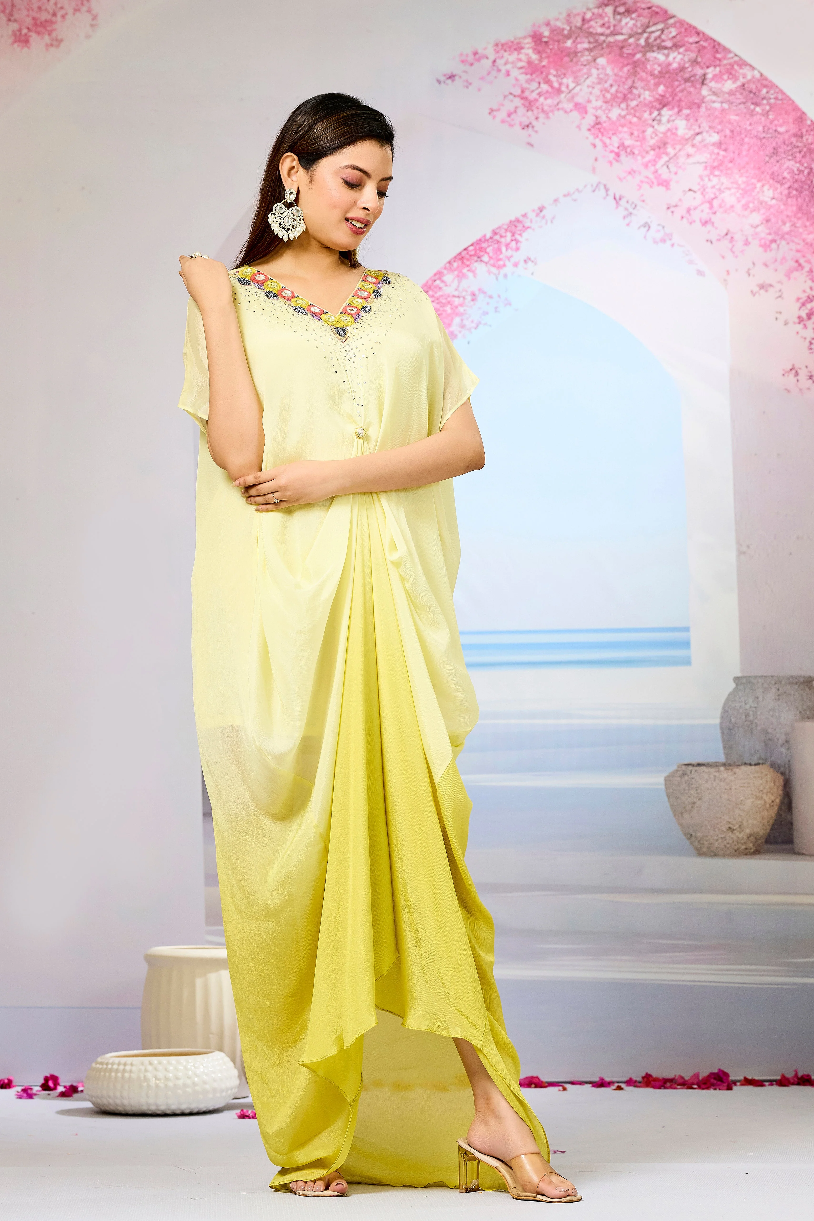 Yellow Ombre-Dyed Chinon Silk Kaftan Gown - Image 3
