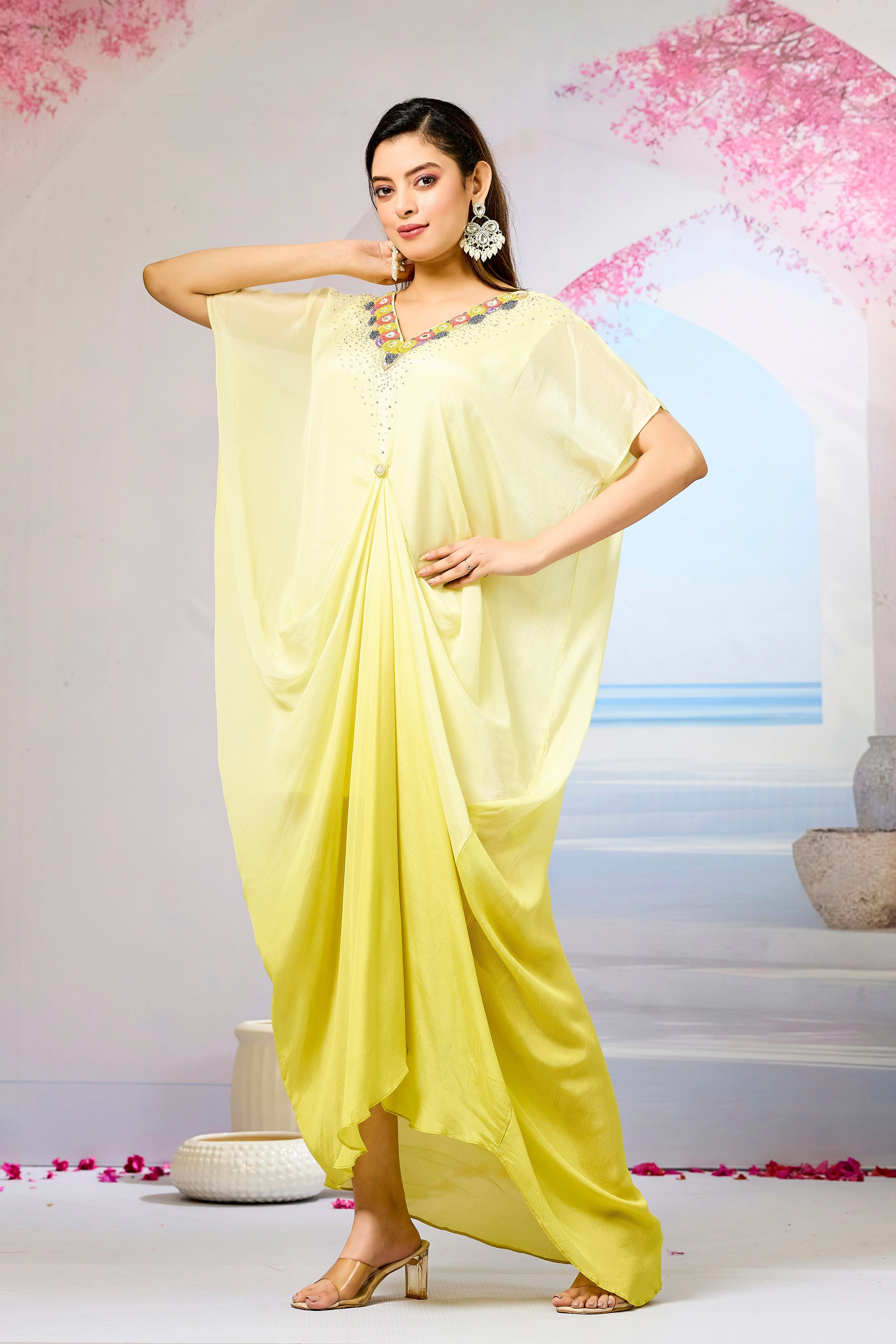 Yellow Ombre-Dyed Chinon Silk Kaftan Gown - Image 4