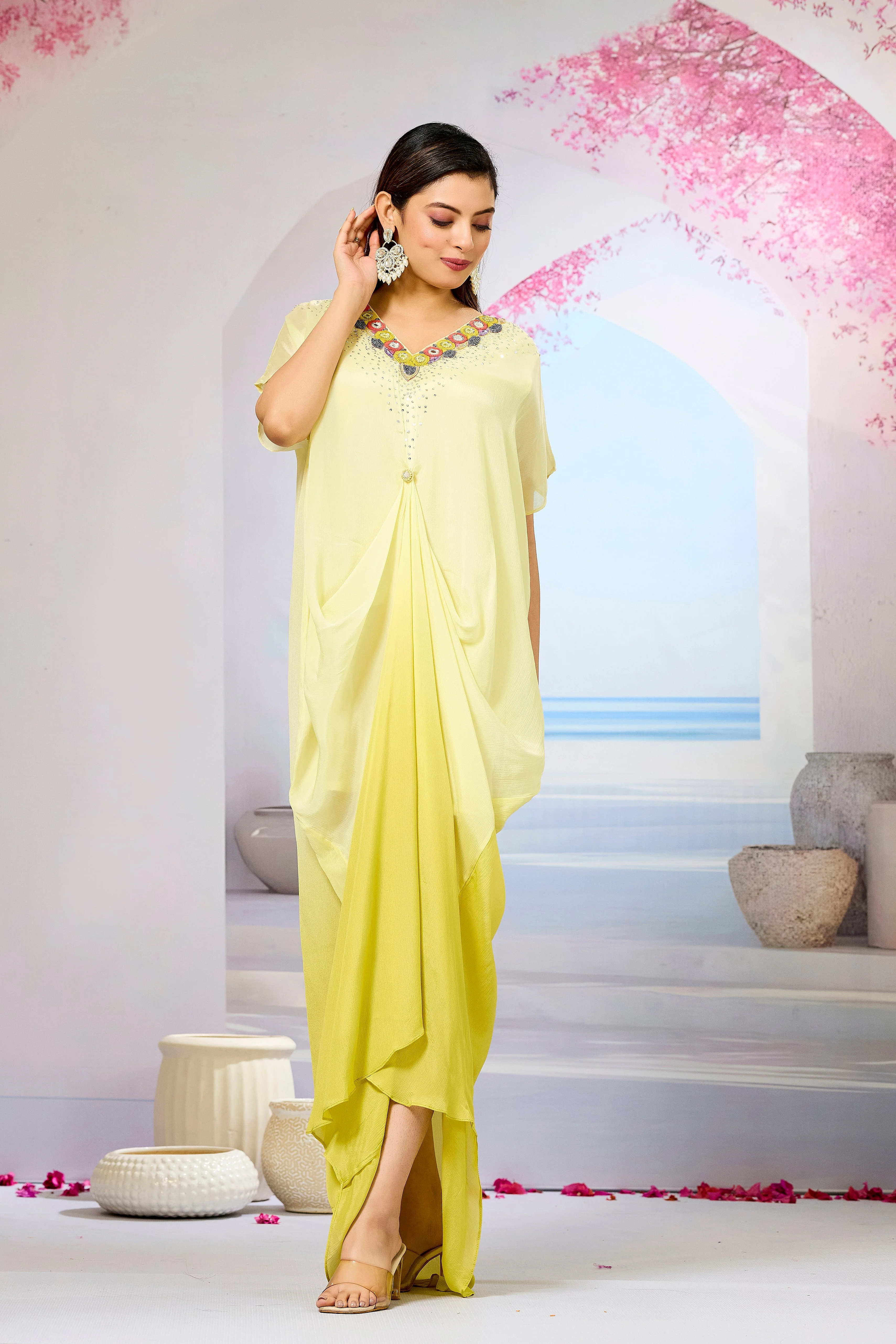 Yellow Ombre-Dyed Chinon Silk Kaftan Gown - Image 5