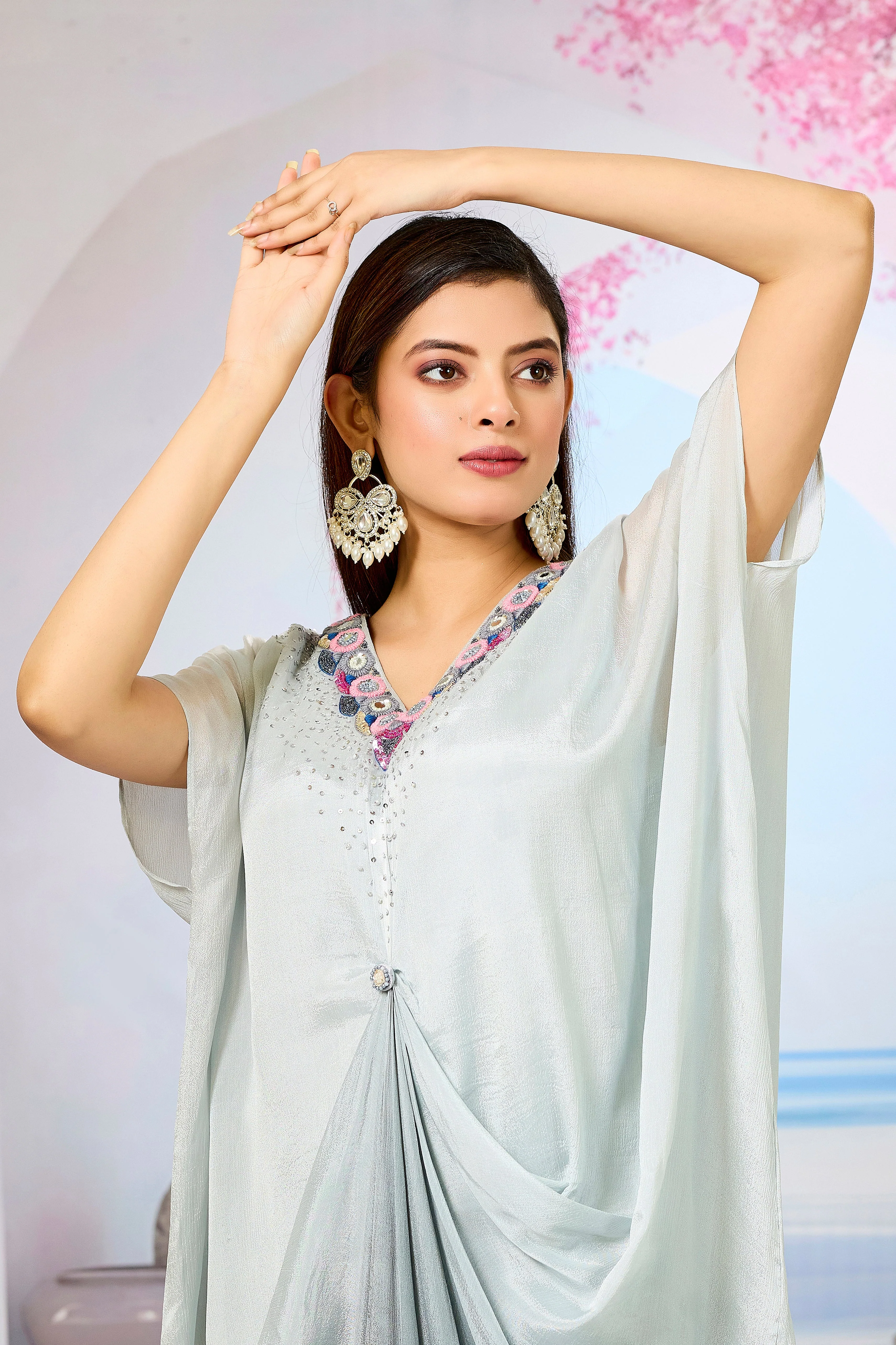 Grey Ombre-Dyed Chinon Silk Kaftan Gown - Image 2