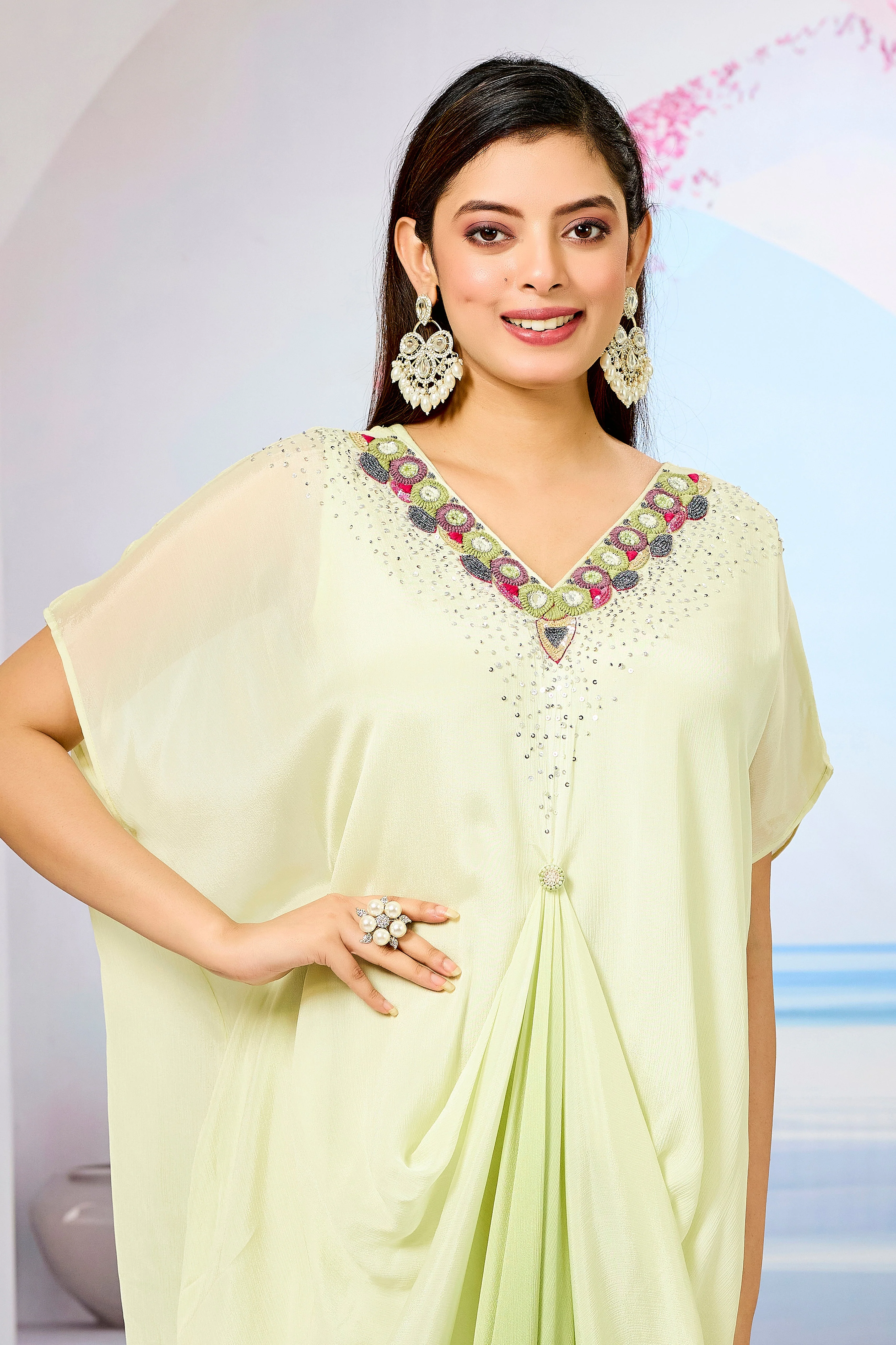 Green Ombre-Dyed Chinon Silk Kaftan Gown - Image 2