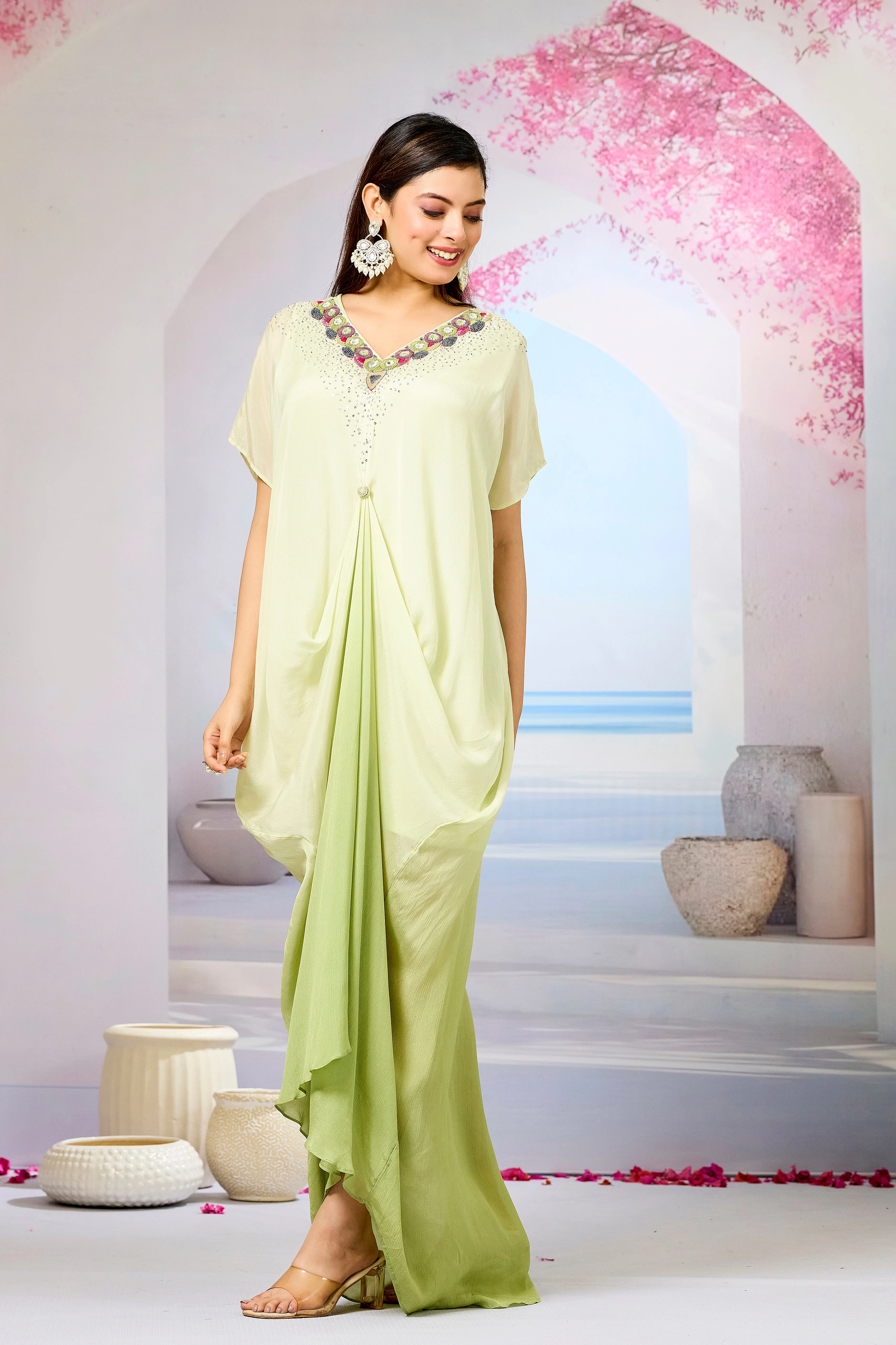 Green Ombre-Dyed Chinon Silk Kaftan Gown - Image 4