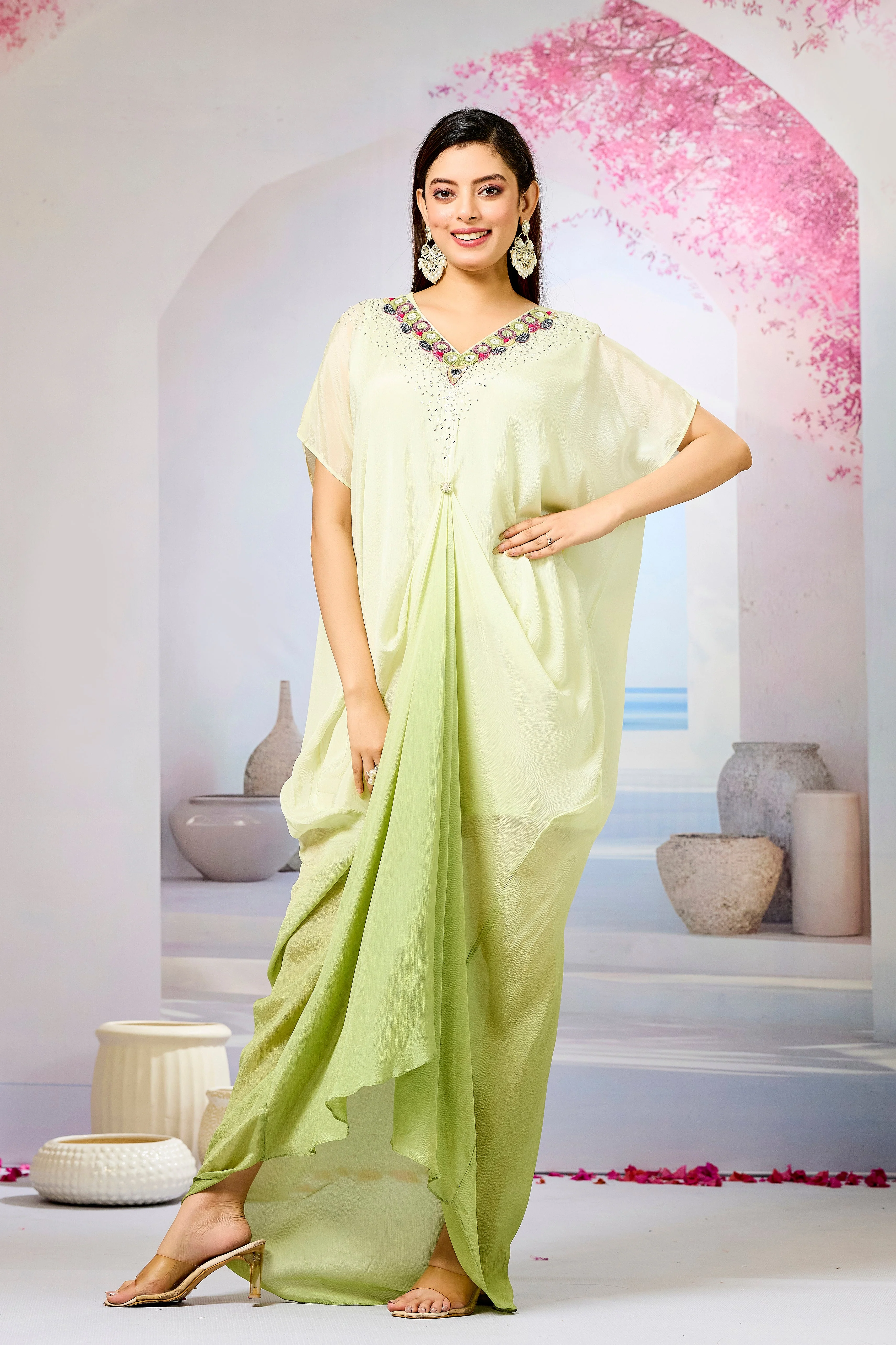 Green Ombre-Dyed Chinon Silk Kaftan Gown - Image 5