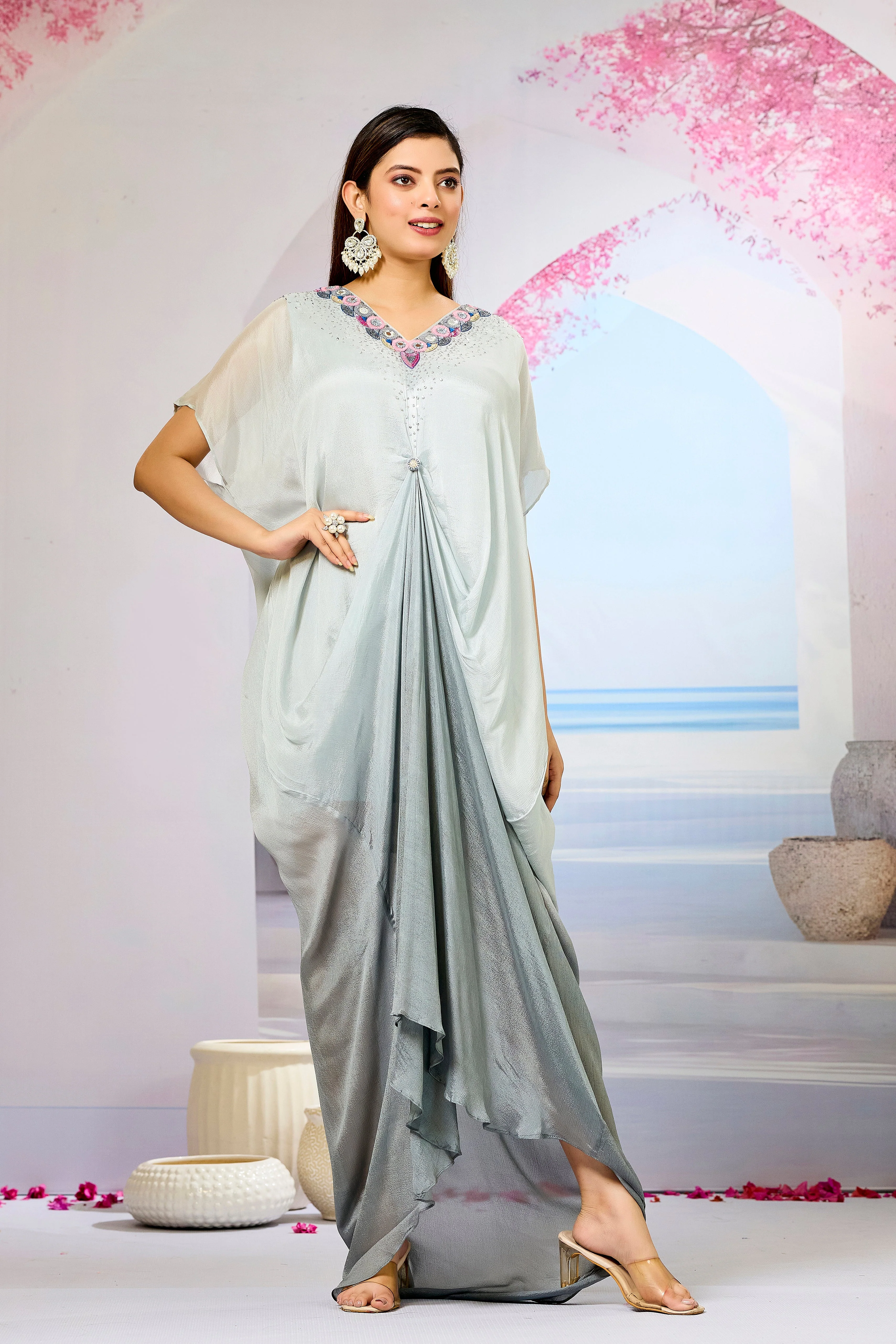Grey Ombre-Dyed Chinon Silk Kaftan Gown - Image 3