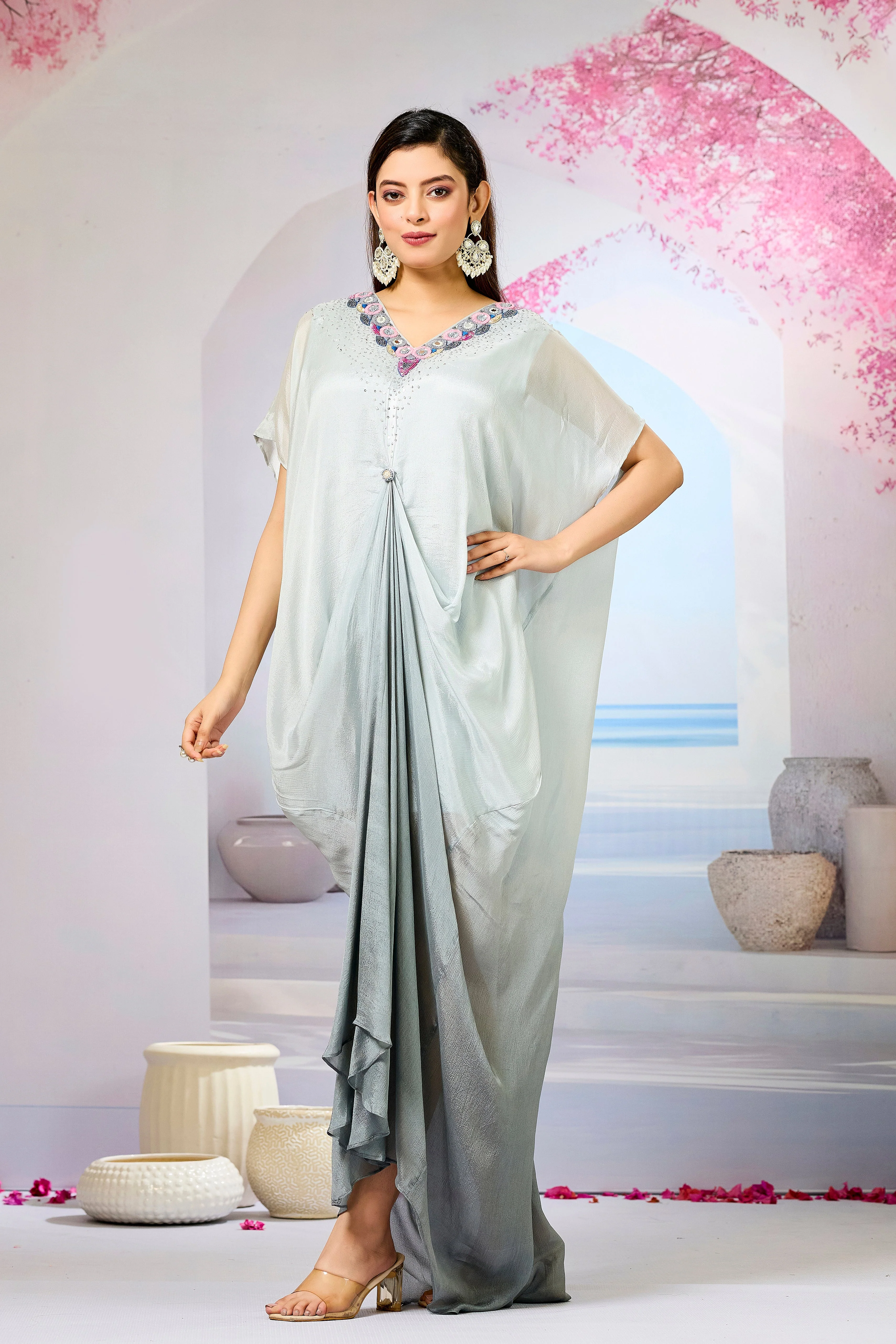 Grey Ombre-Dyed Chinon Silk Kaftan Gown - Image 4