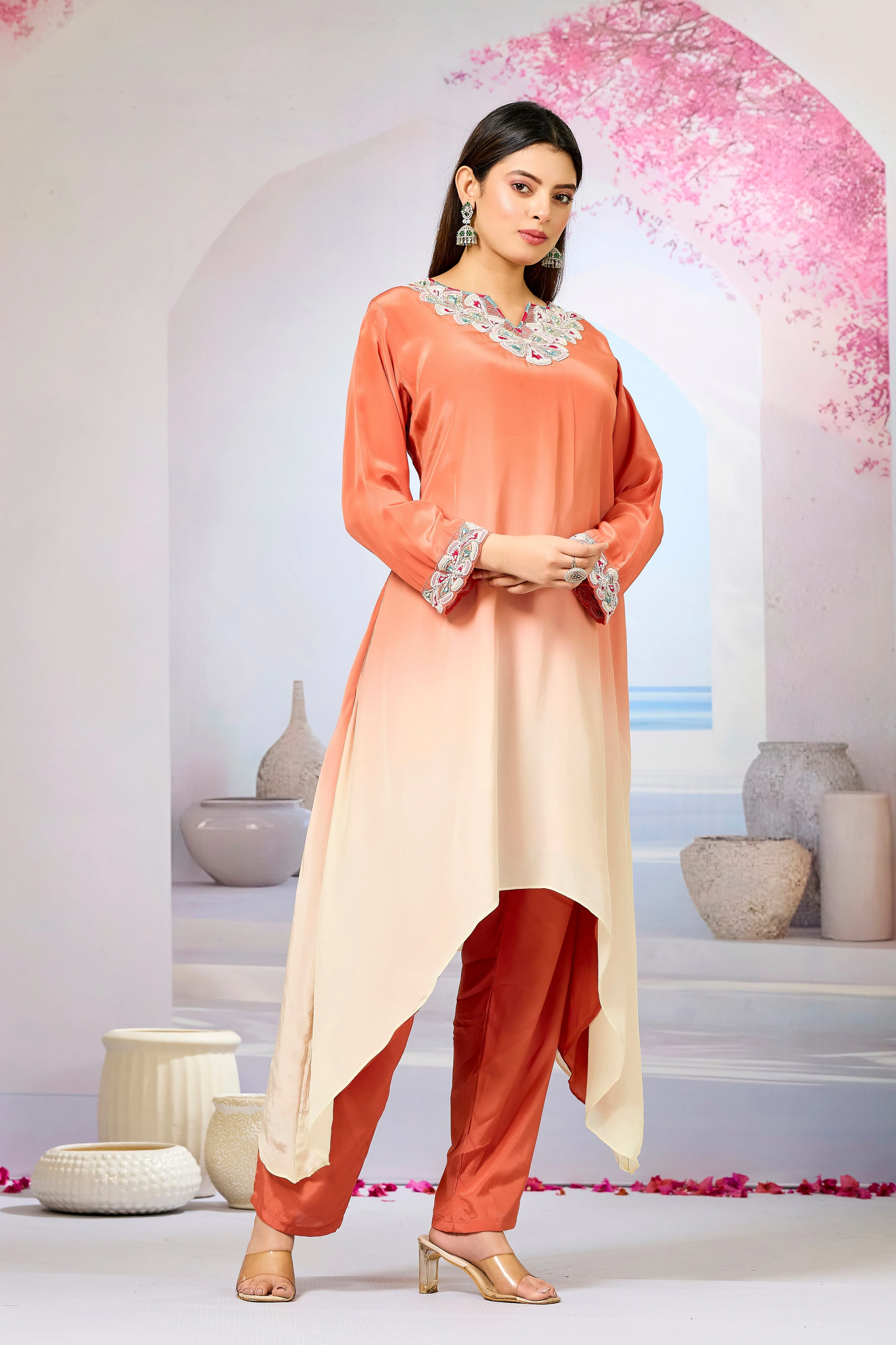 Orange Ombre-Dyed Crepe Silk Kurta & Pant Set - Image 3