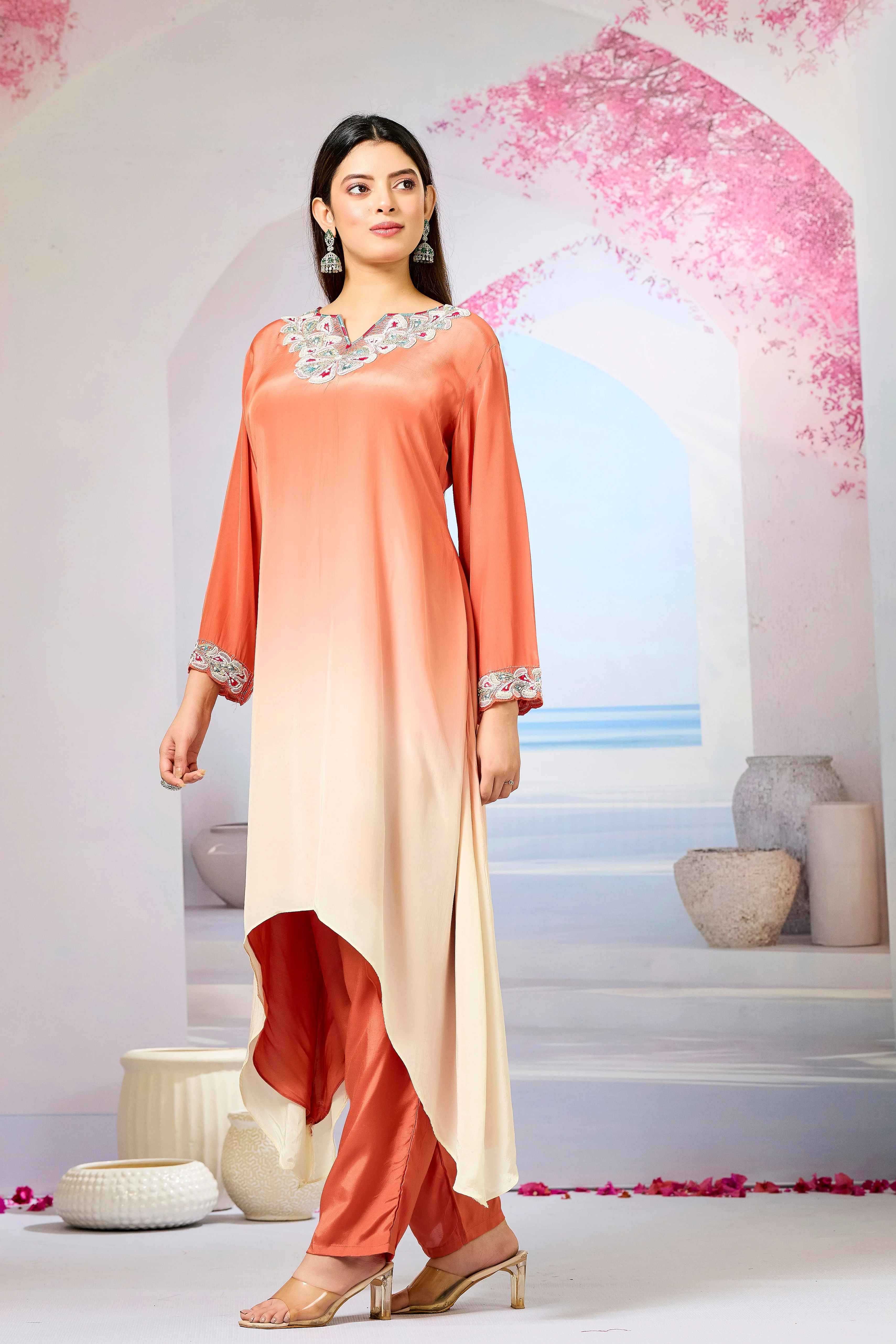 Orange Ombre-Dyed Crepe Silk Kurta & Pant Set - Image 4