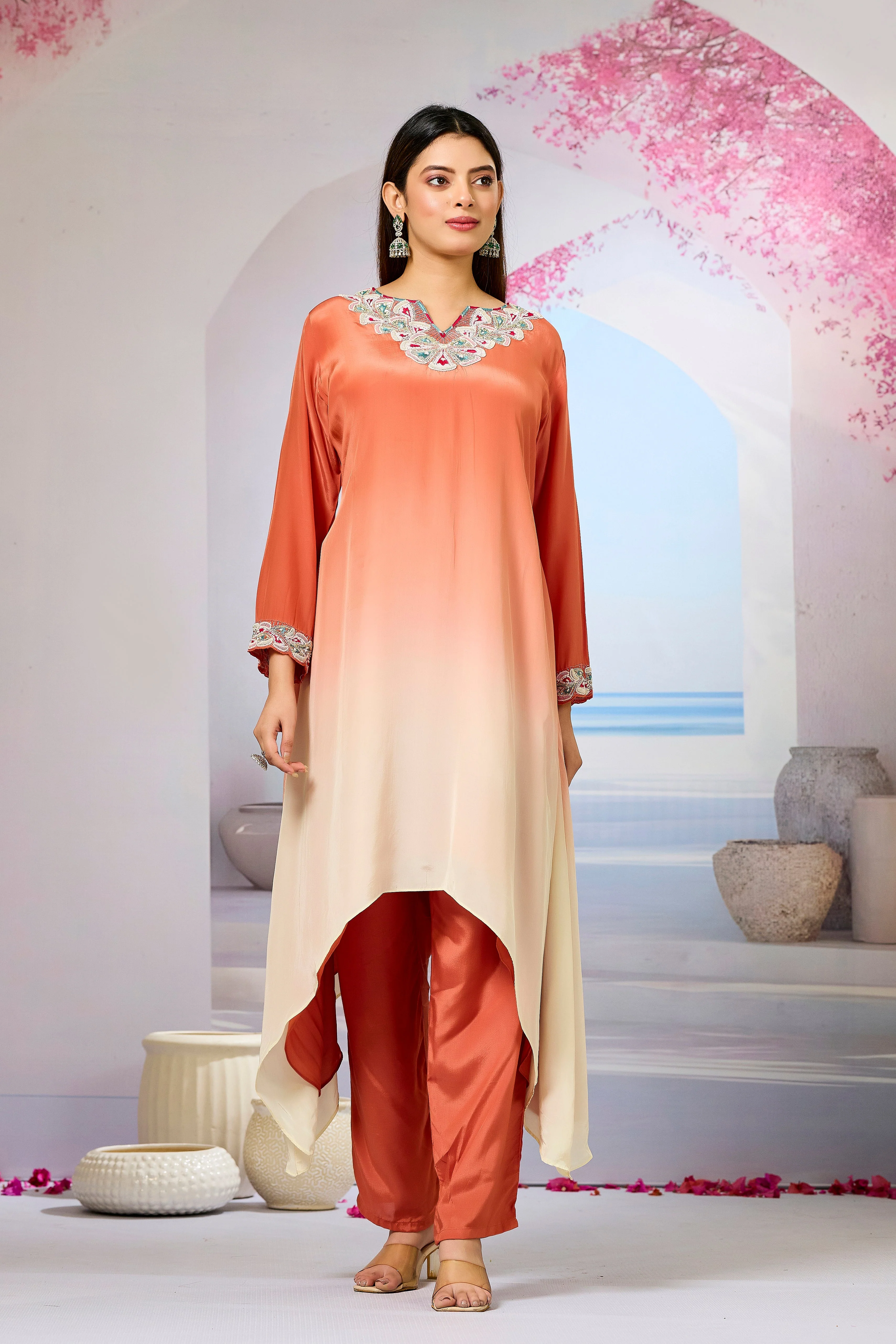 Orange Ombre-Dyed Crepe Silk Kurta & Pant Set - Image 5