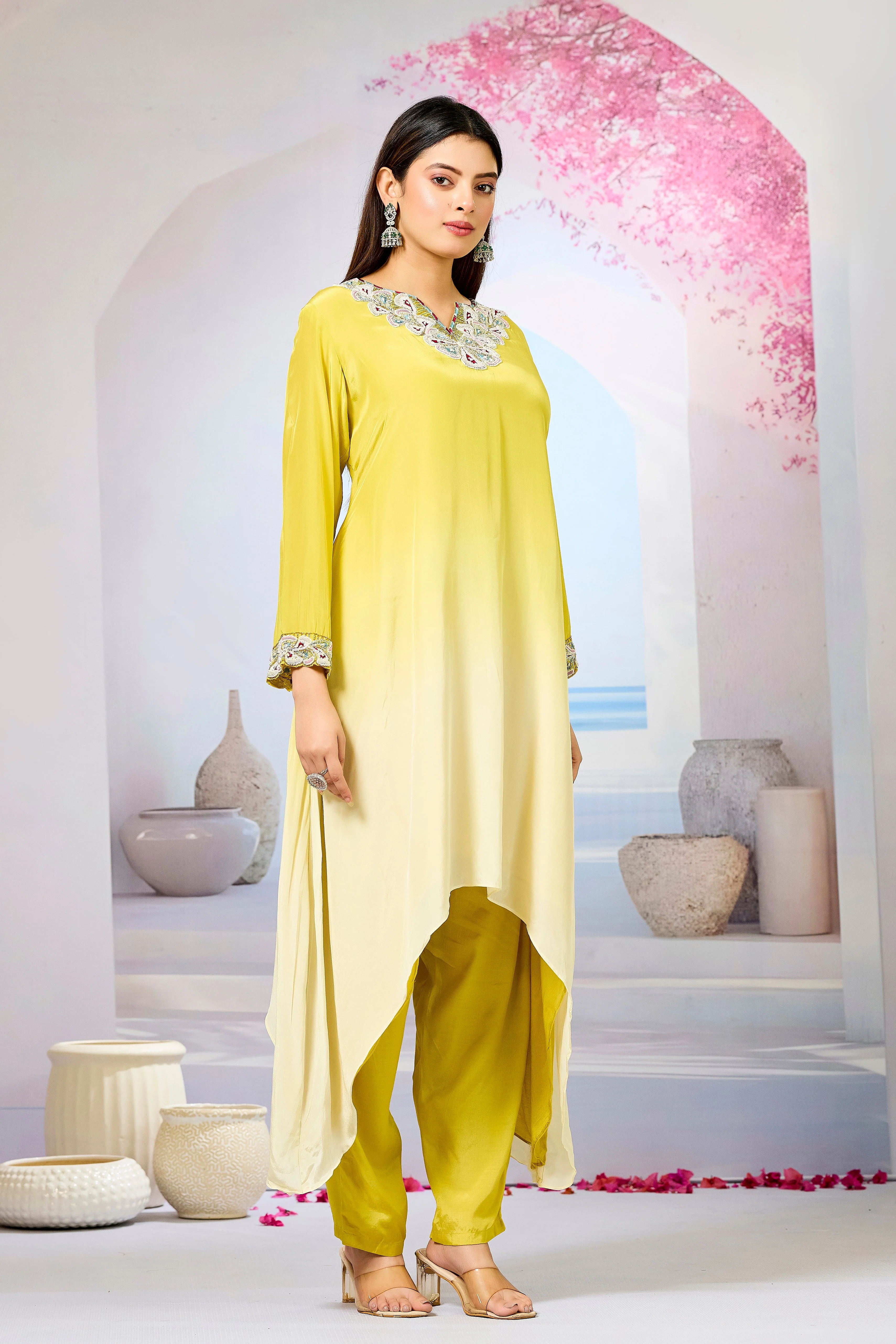 Yellow Ombre-Dyed Crepe Silk Kurta & Pant Set - Image 3