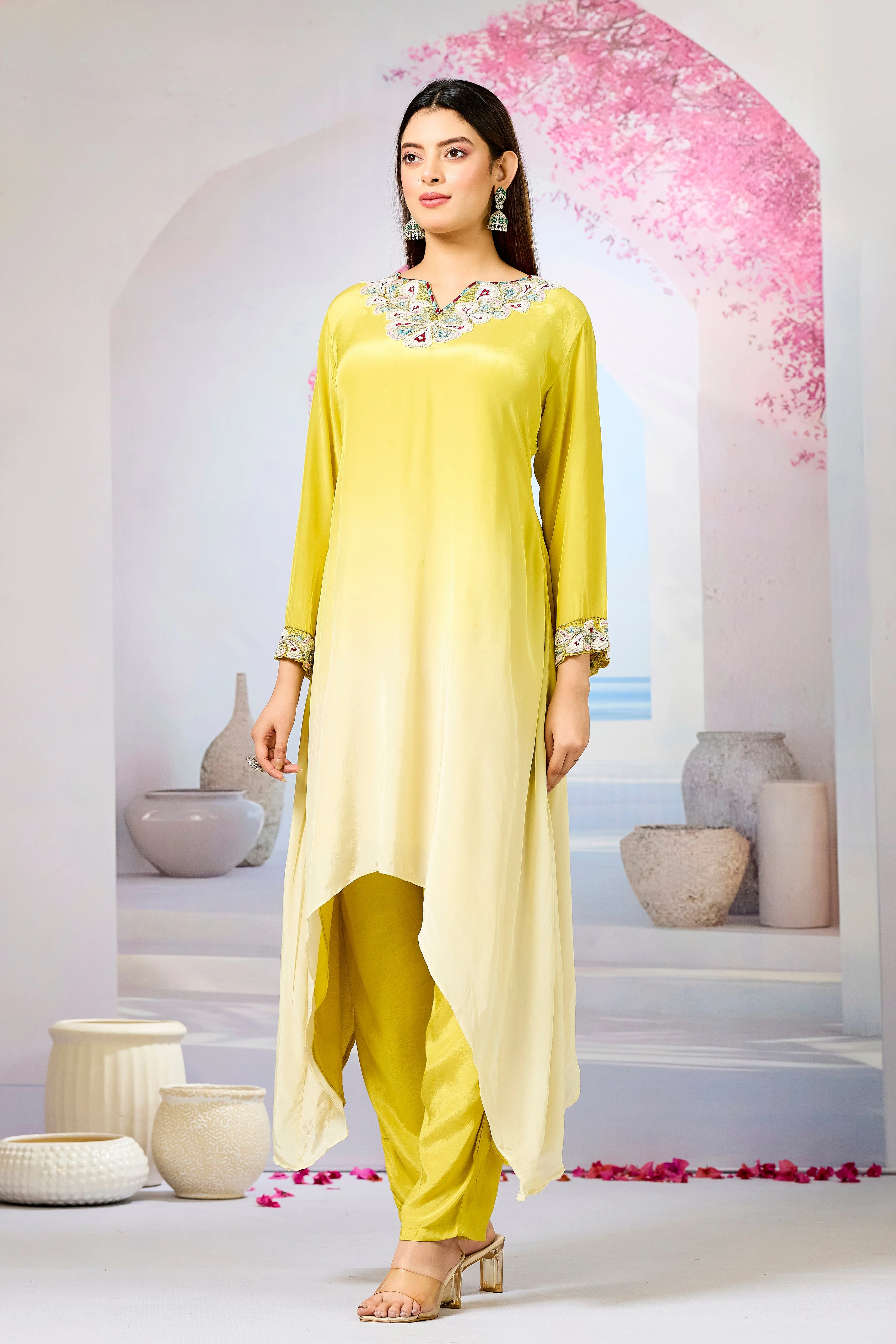 Yellow Ombre-Dyed Crepe Silk Kurta & Pant Set - Image 4