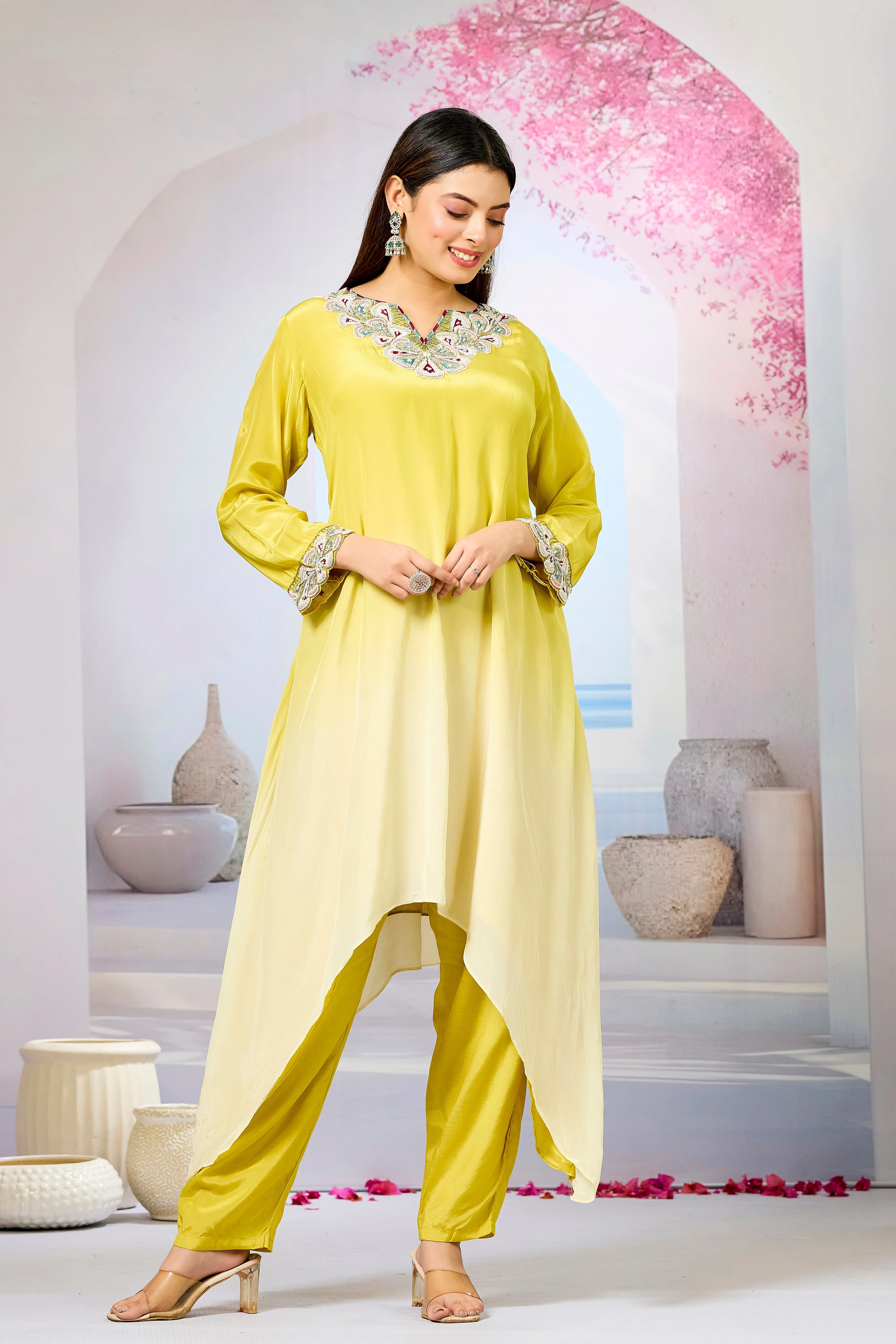 Yellow Ombre-Dyed Crepe Silk Kurta & Pant Set - Image 5