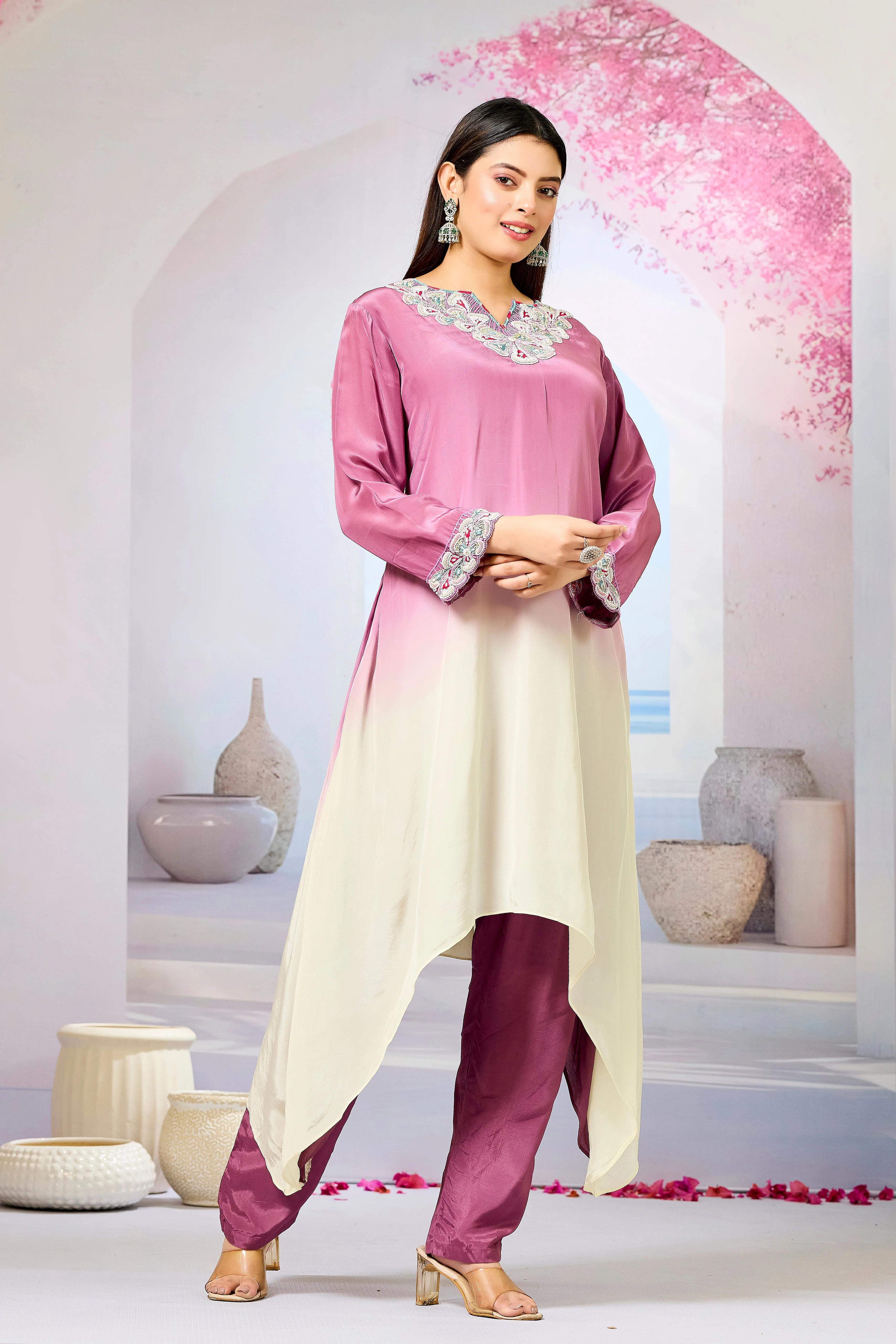 Mauve Ombre-Dyed Crepe Silk Kurta & Pant Set - Image 3