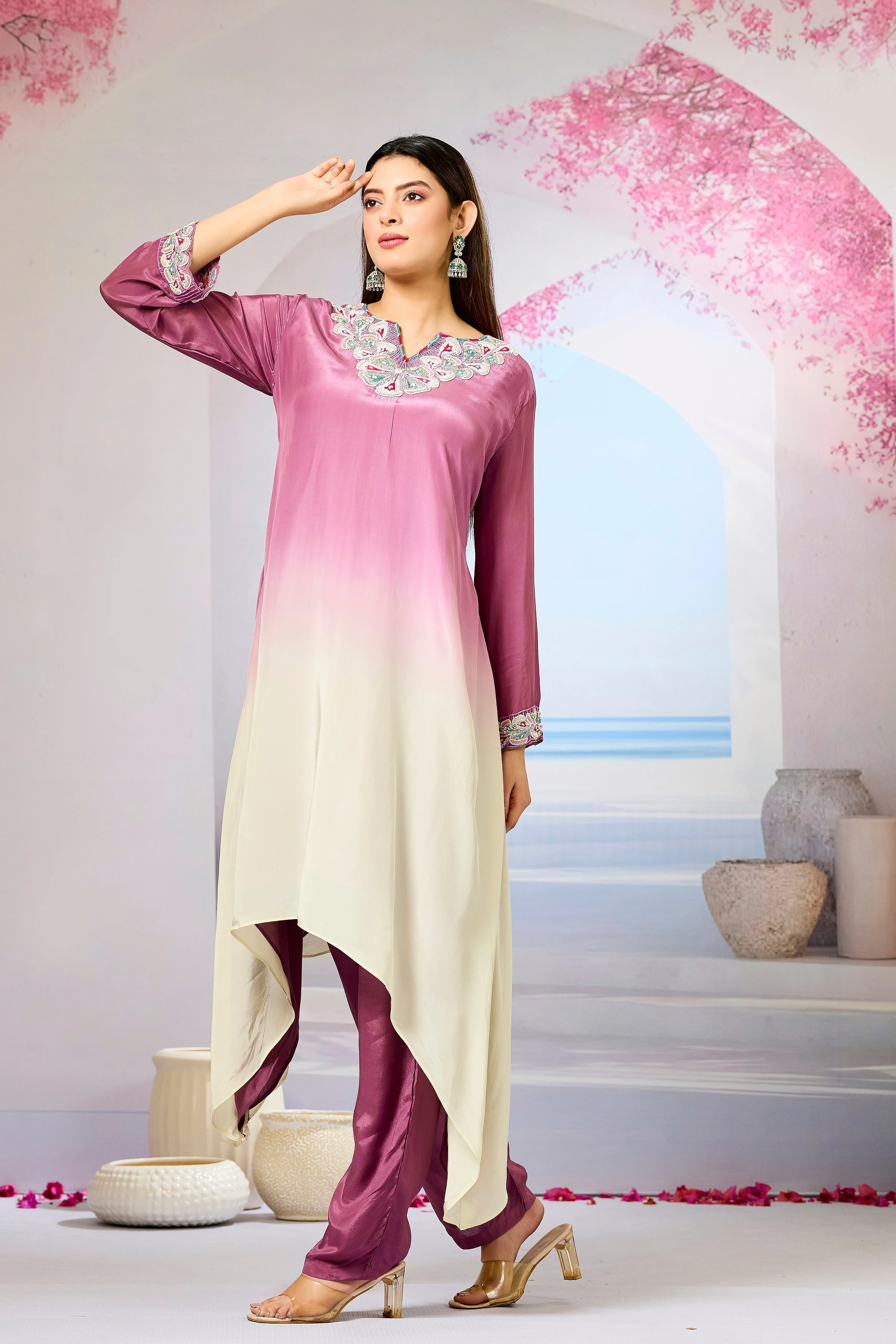 Mauve Ombre-Dyed Crepe Silk Kurta & Pant Set - Image 4