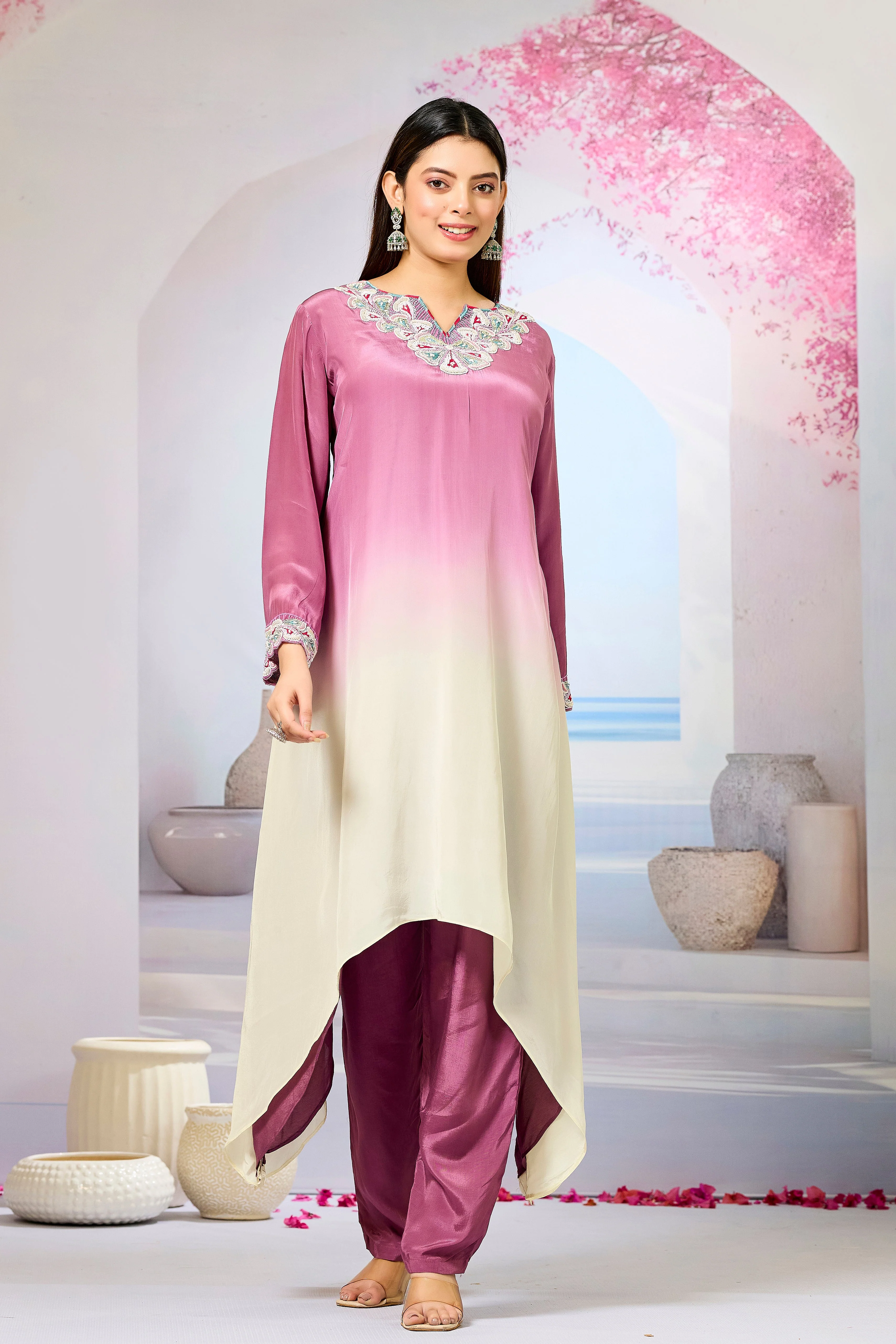 Mauve Ombre-Dyed Crepe Silk Kurta & Pant Set - Image 5