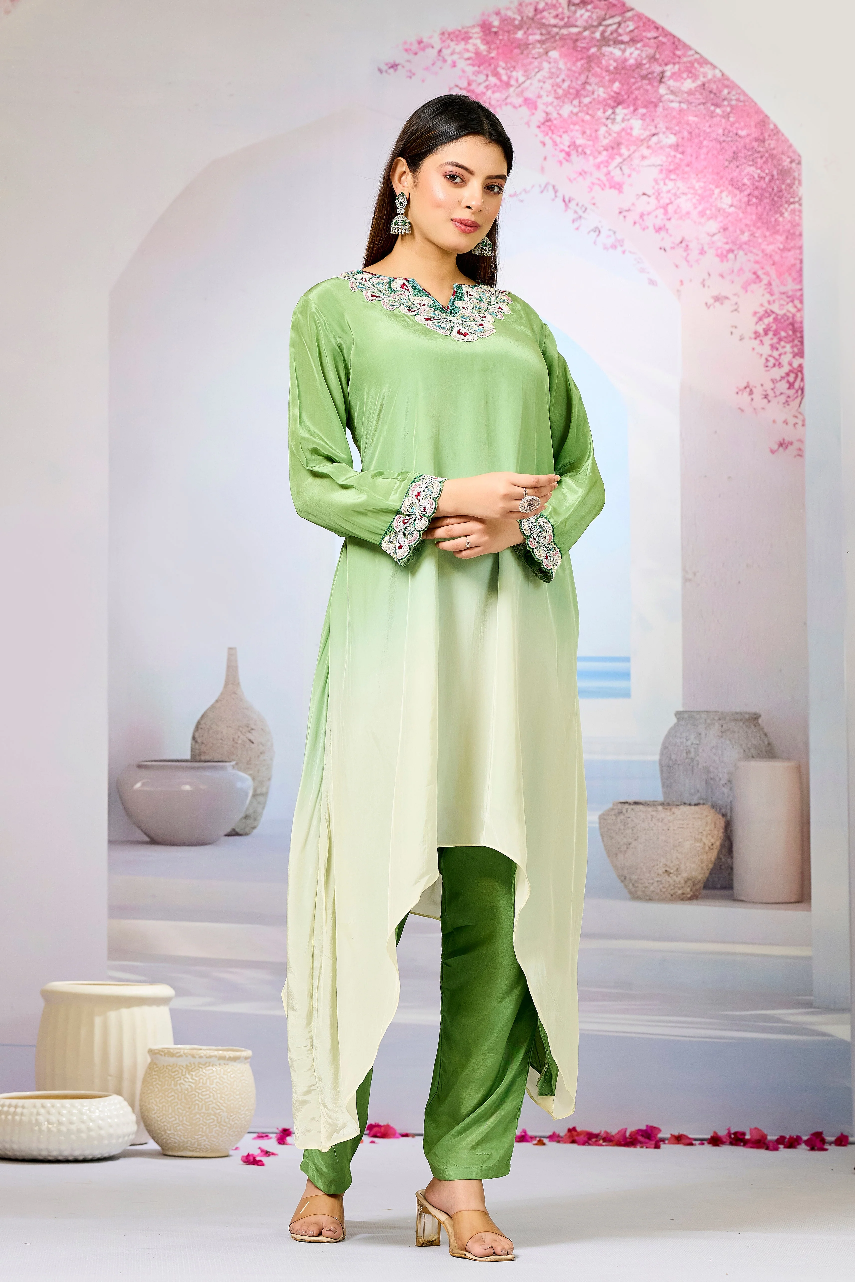Green Ombre-Dyed Crepe Silk Kurta & Pant Set - Image 3