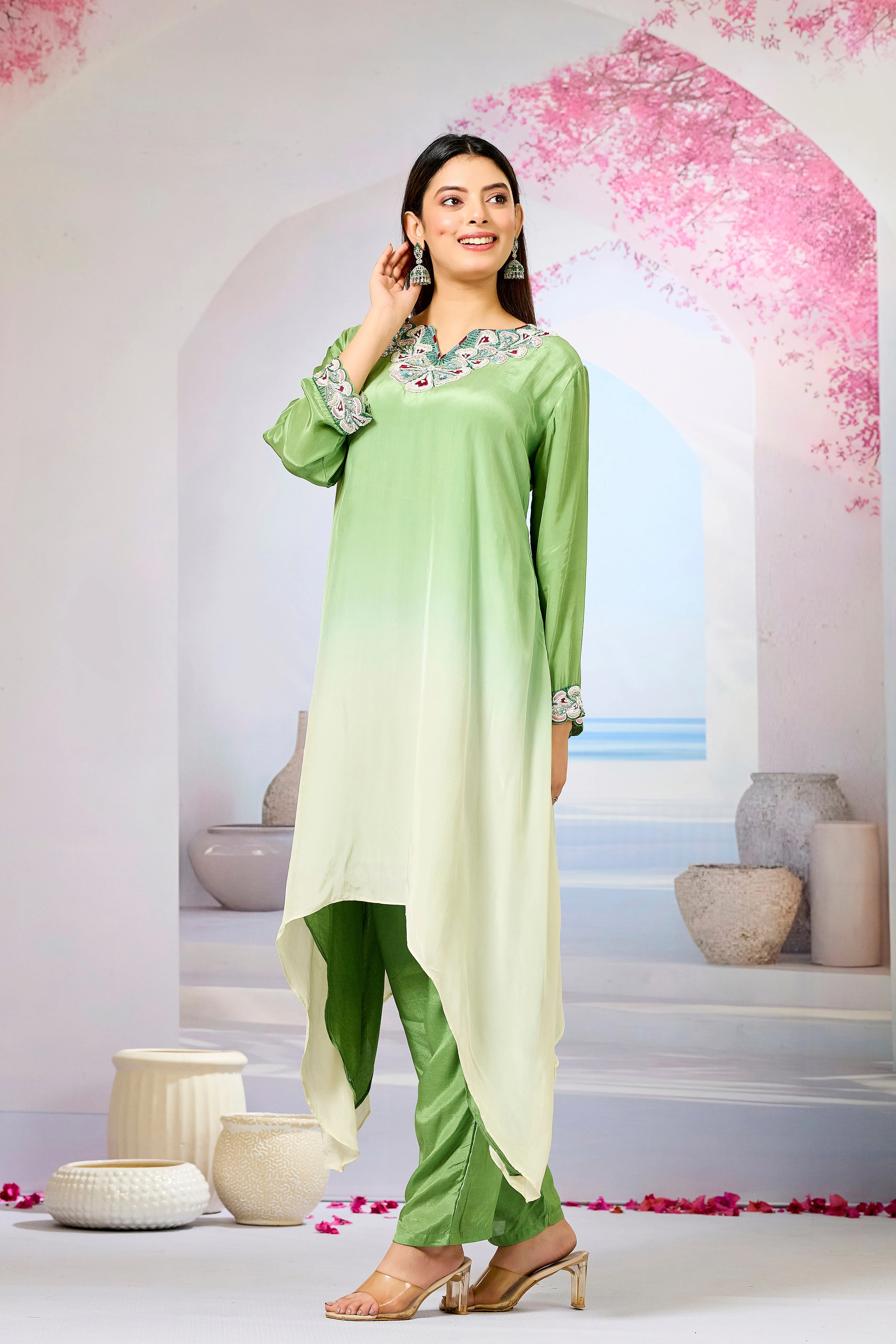 Green Ombre-Dyed Crepe Silk Kurta & Pant Set - Image 4