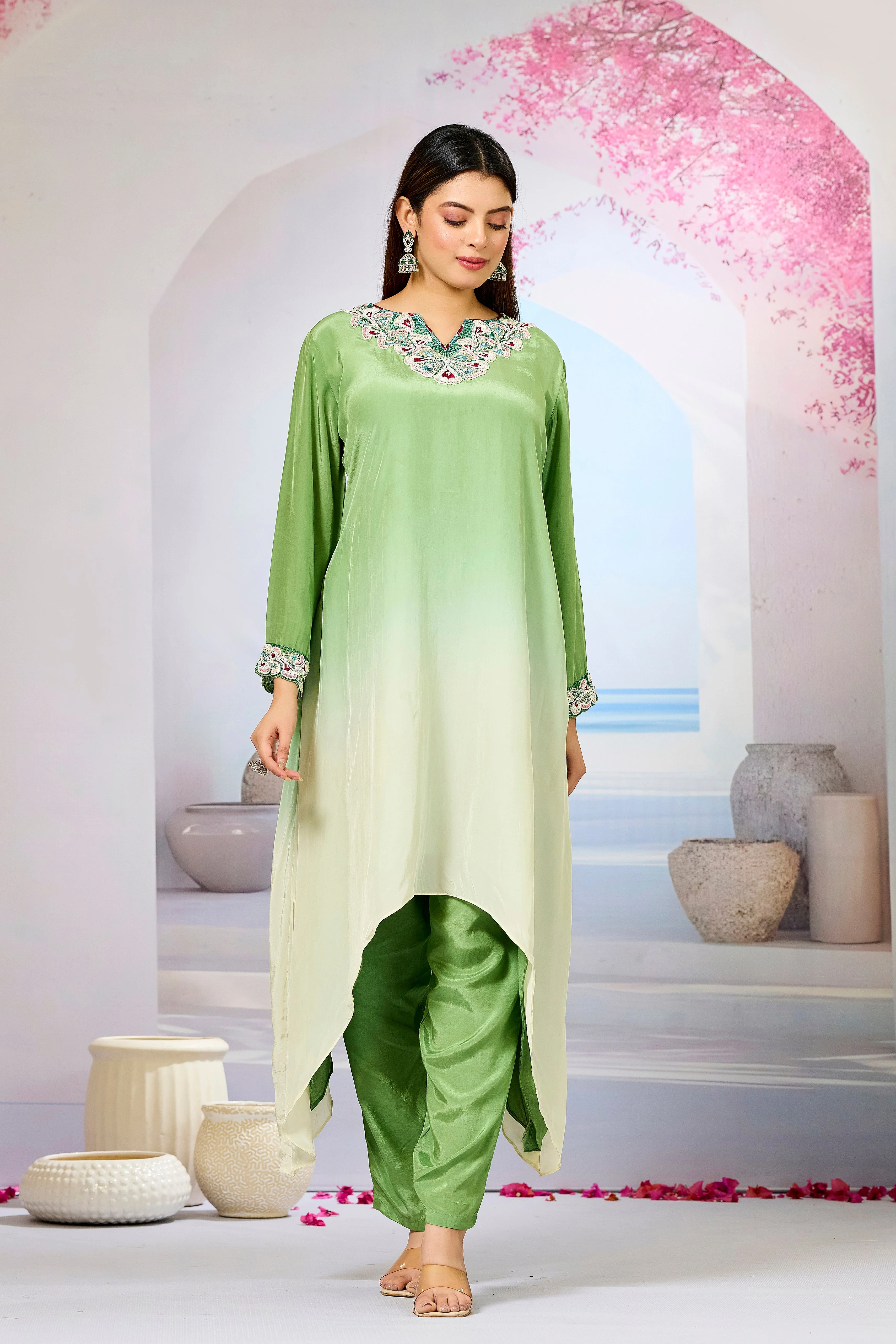 Green Ombre-Dyed Crepe Silk Kurta & Pant Set - Image 5