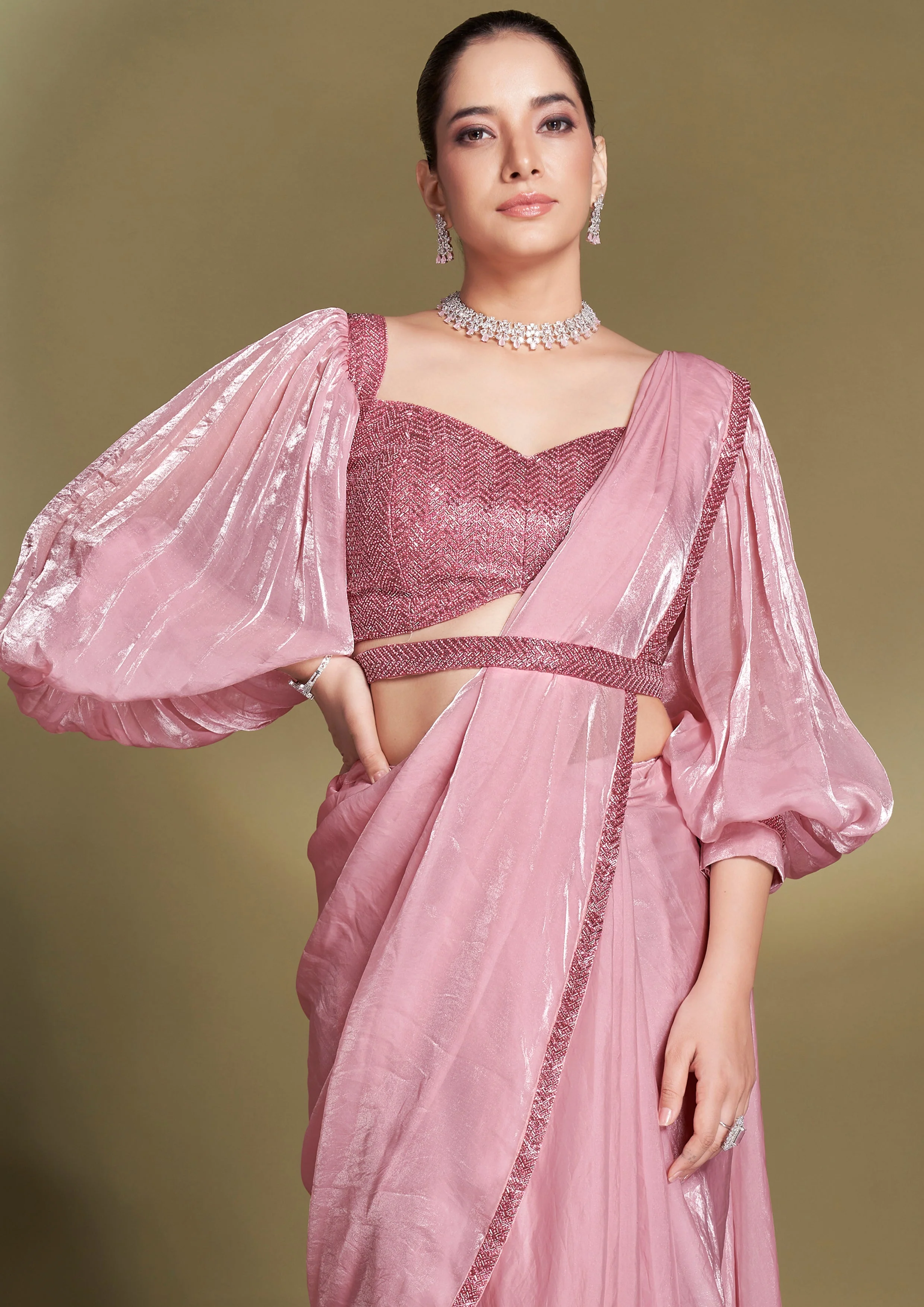 Onion Pink Embellished Satin Silk Saree - Image 2