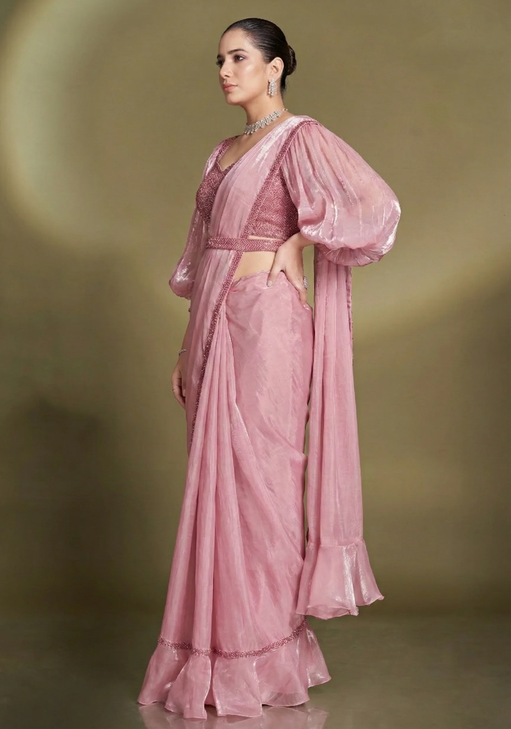Onion Pink Embellished Satin Silk Saree - Image 3