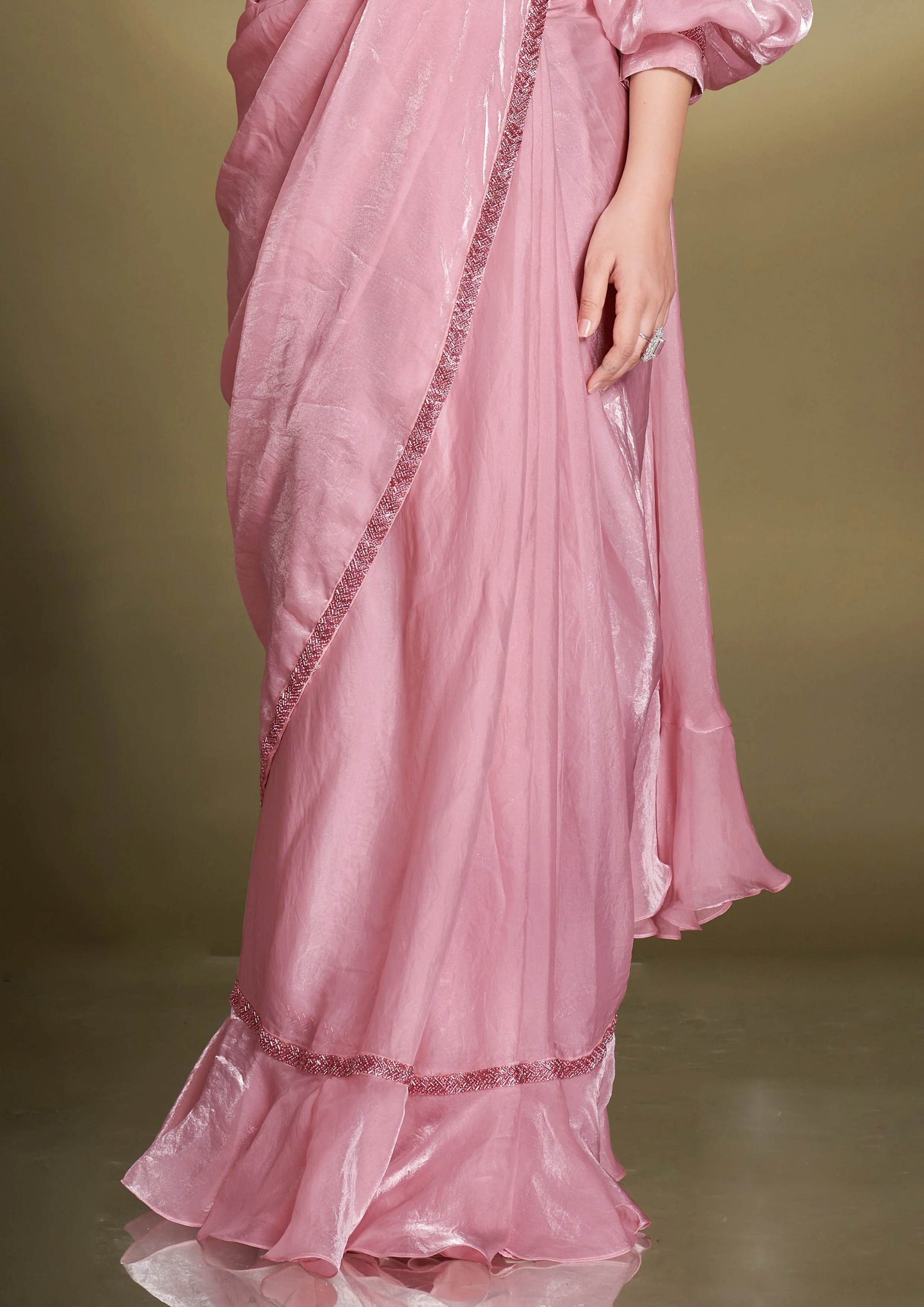 Onion Pink Embellished Satin Silk Saree - Image 4
