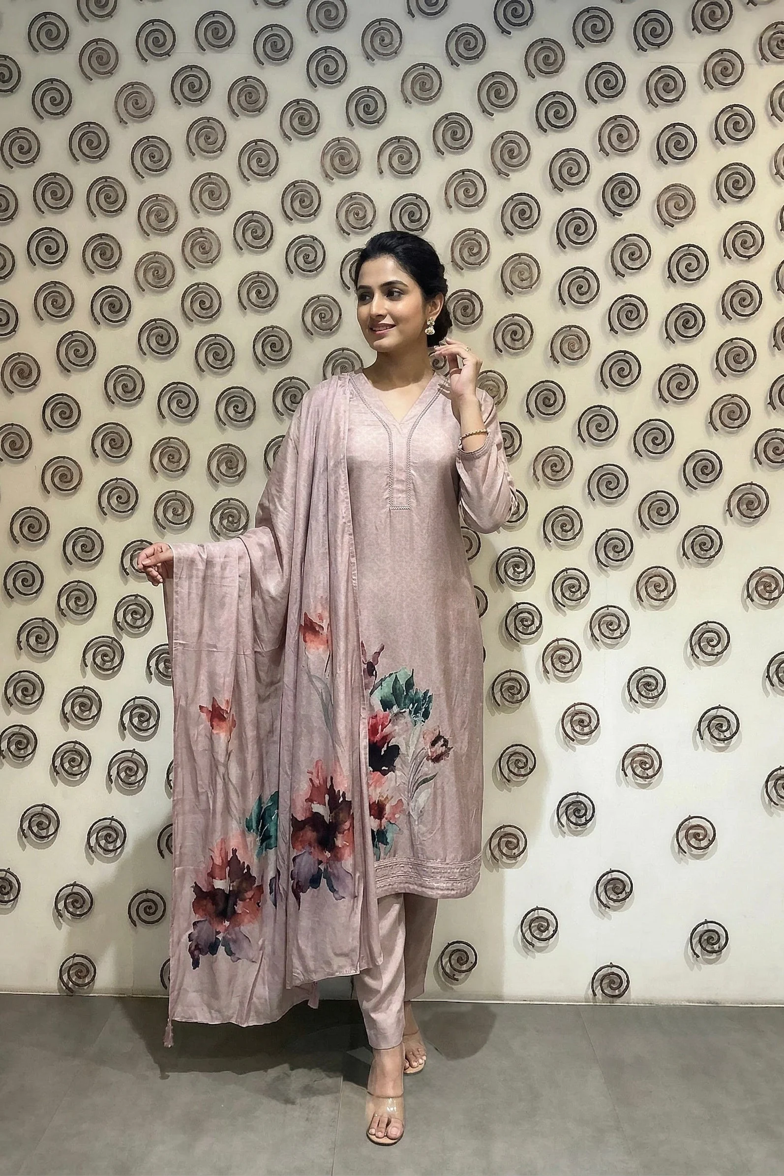 Onion Pink Floral Printed Muslin Silk Pant Set