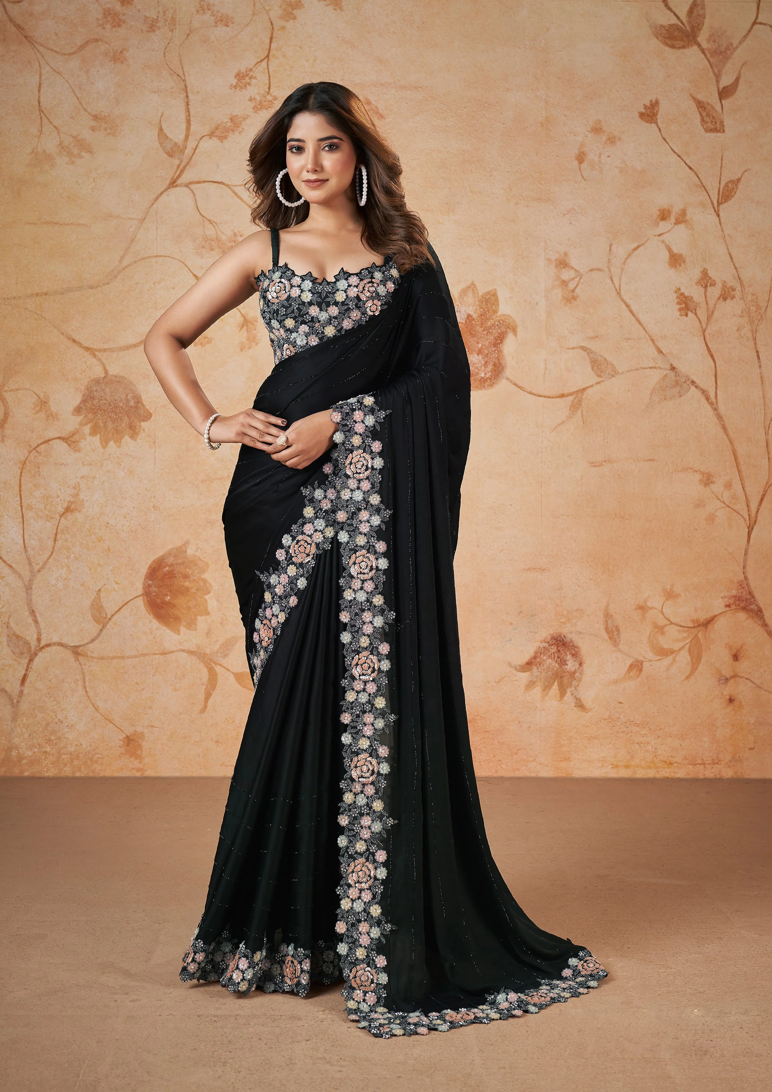 Onyx Black Embellished Crepe Satin Silk Saree - Image 2