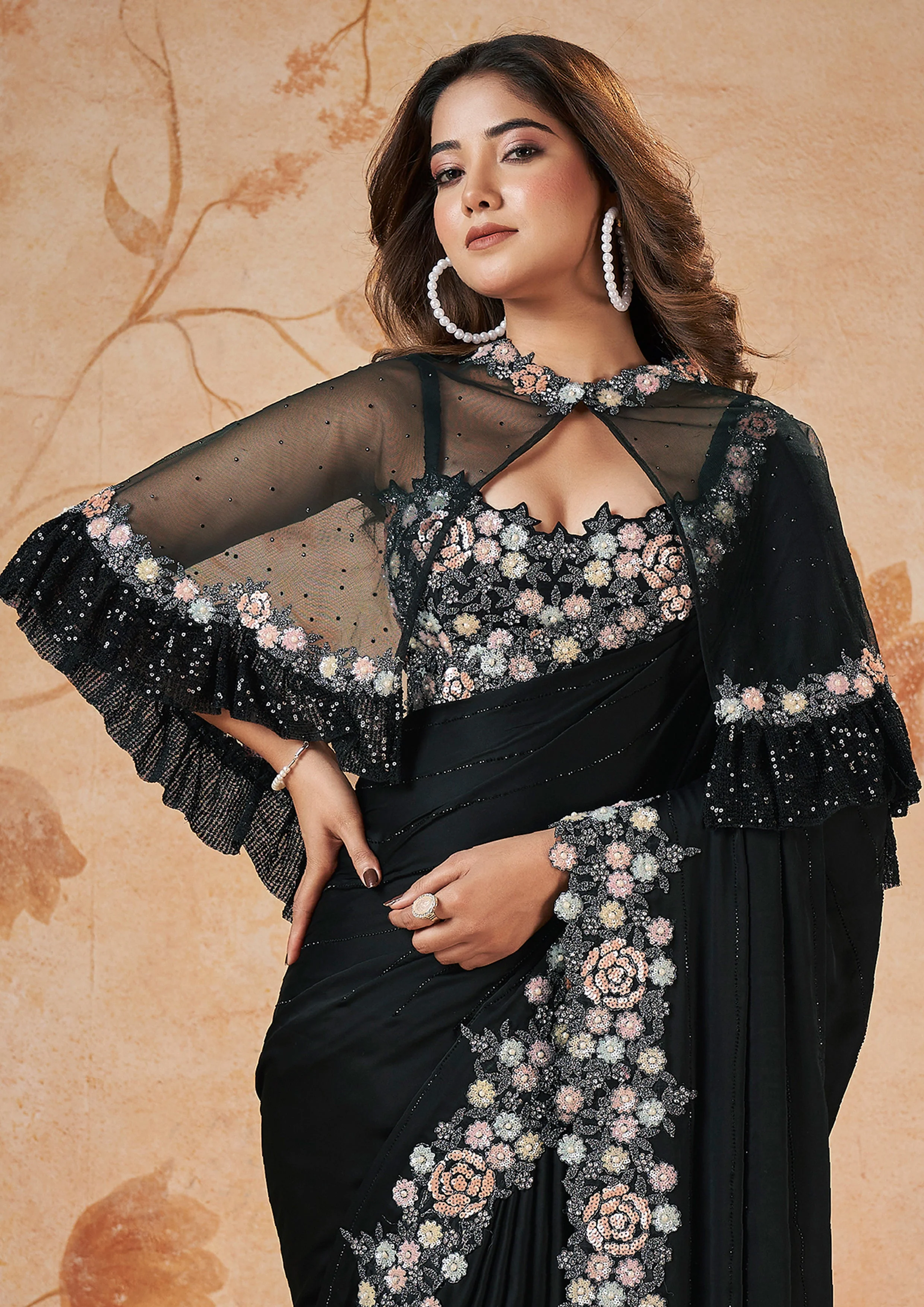 Onyx Black Embellished Crepe Satin Silk Saree - Image 6