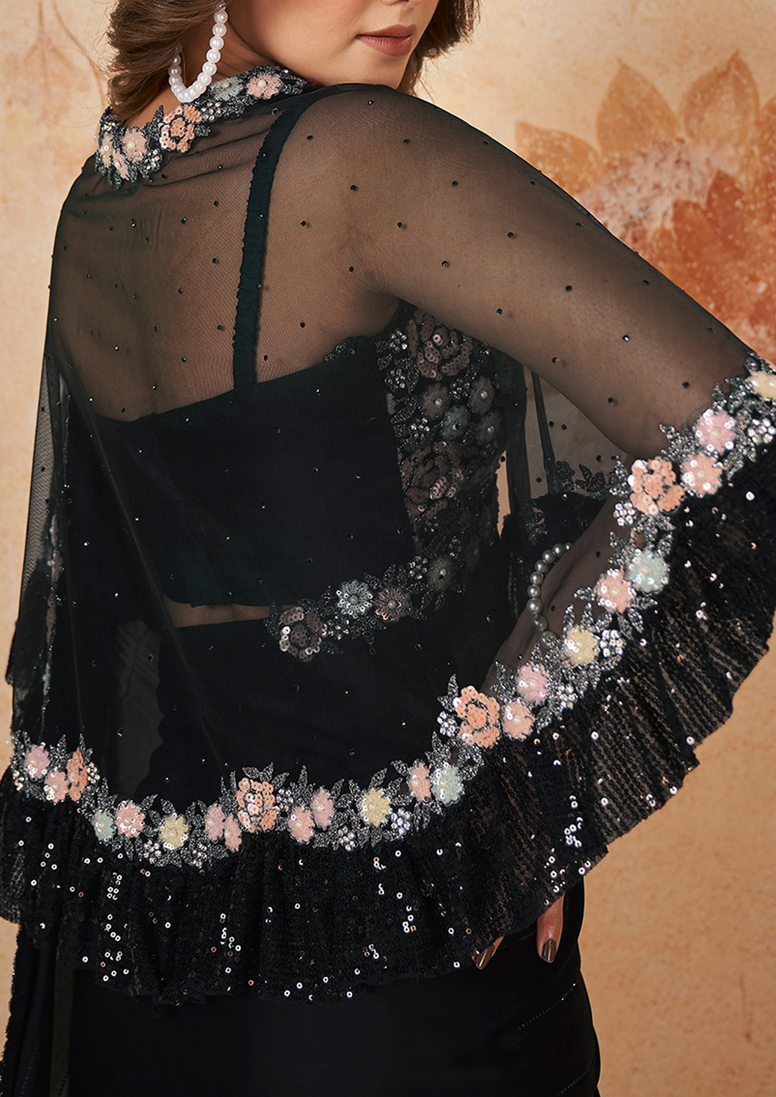 Onyx Black Embellished Crepe Satin Silk Saree - Image 7