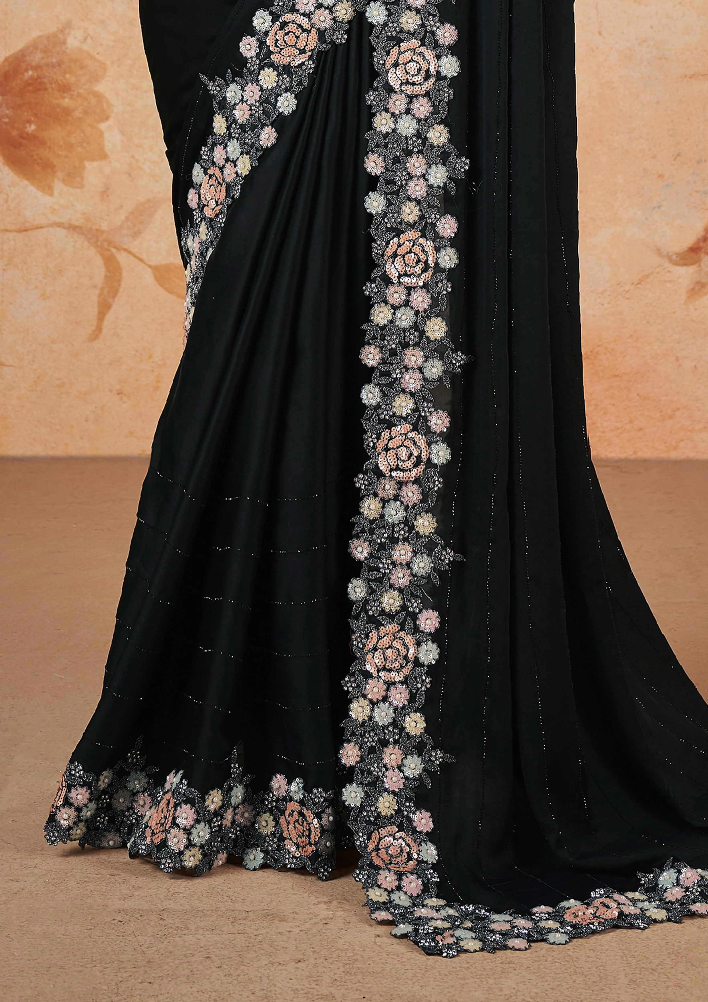 Onyx Black Embellished Crepe Satin Silk Saree - Image 8