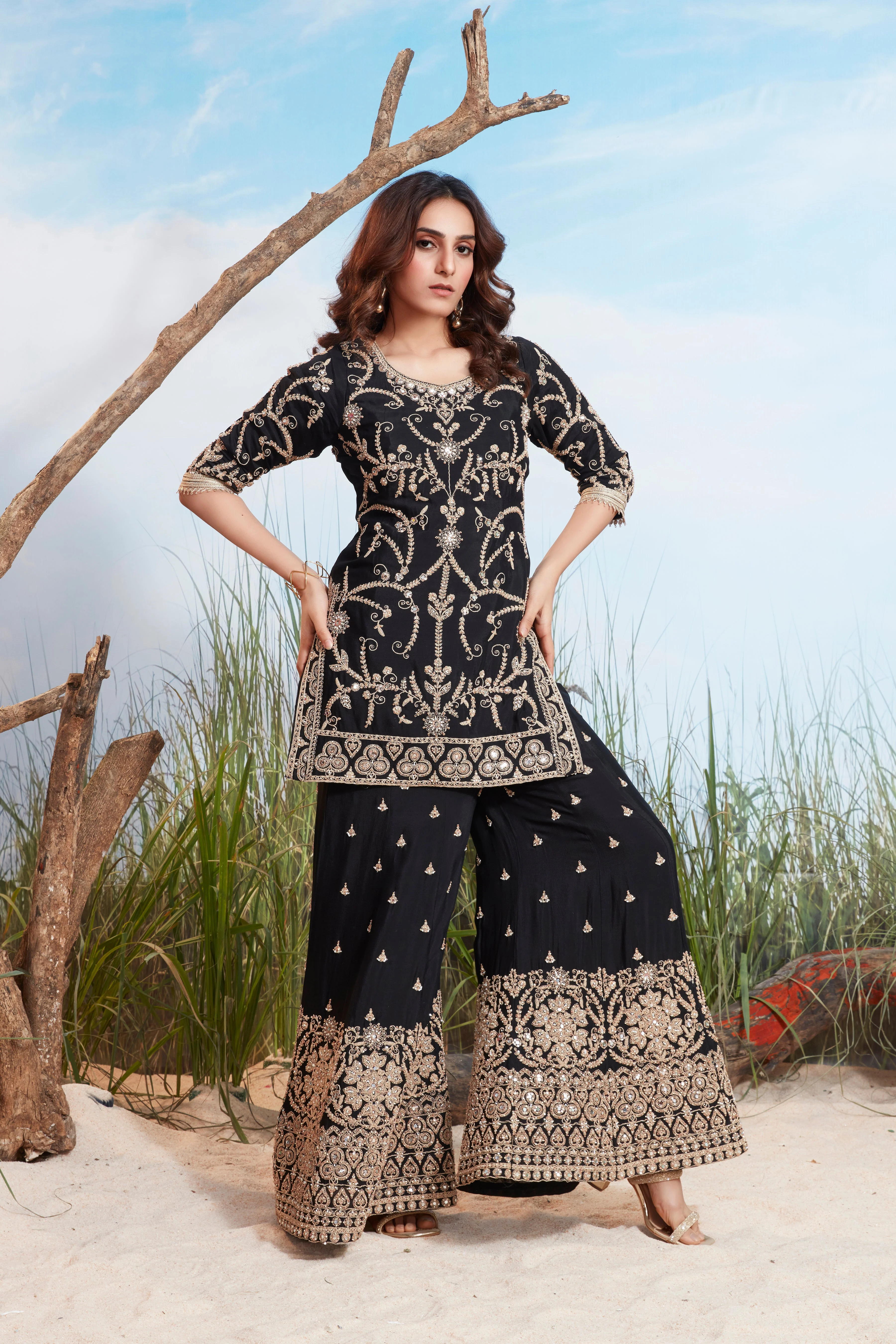 Classic Black Embellished Georgette Silk Sharara Set