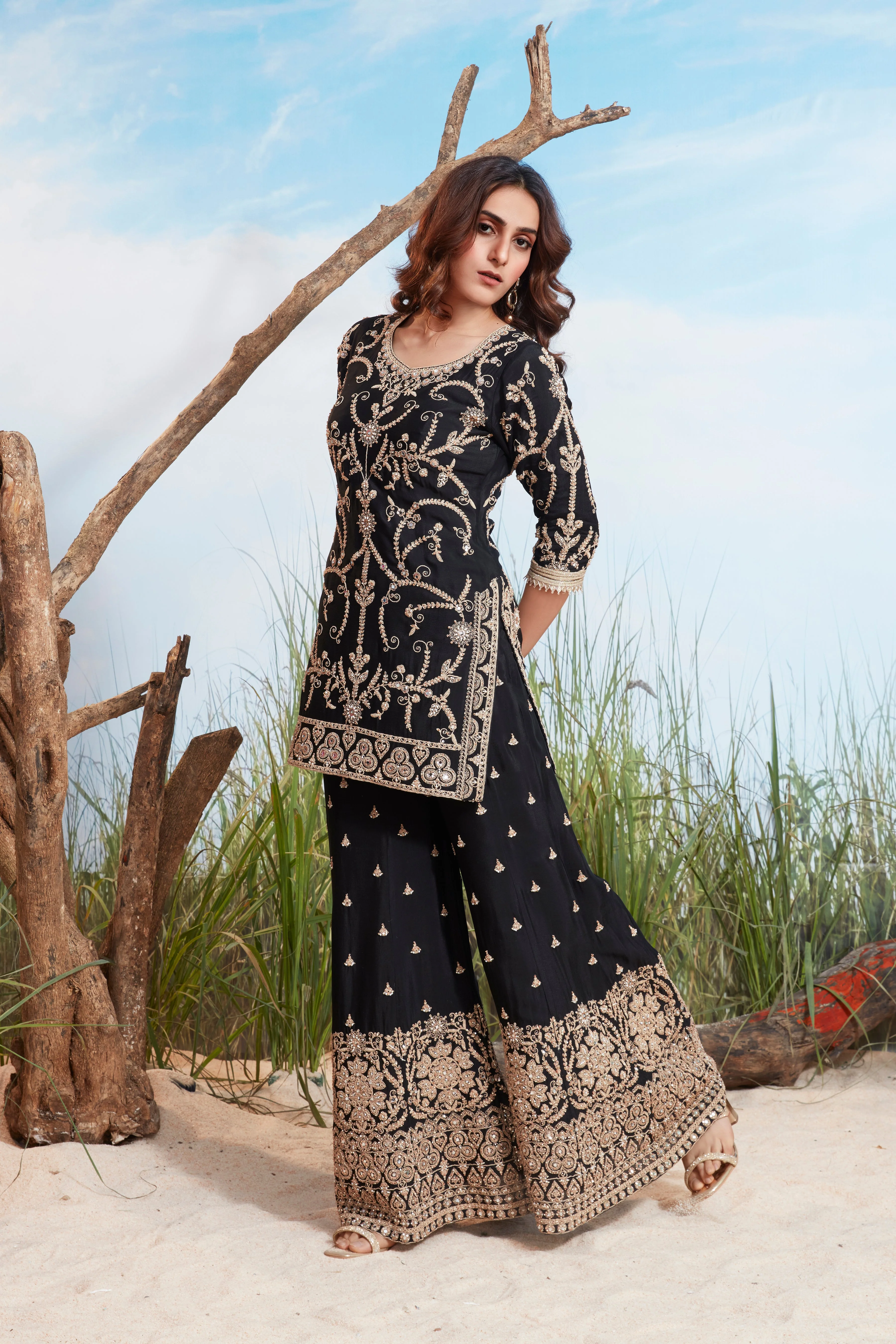 Classic Black Embellished Georgette Silk Sharara Set - Image 2