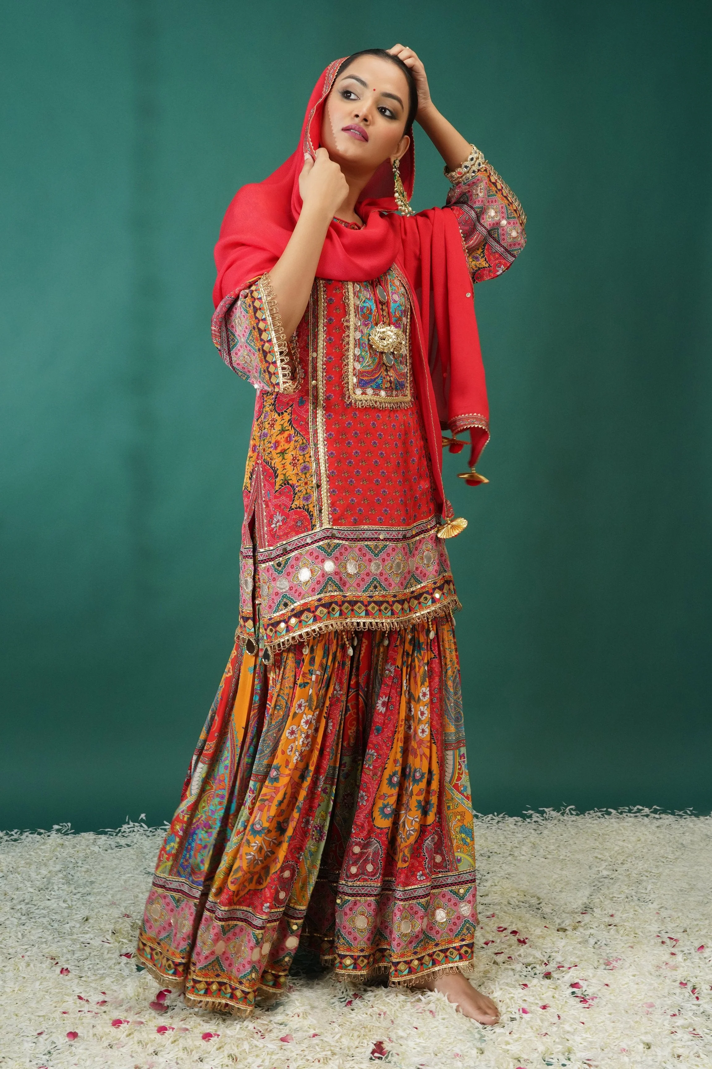 Festive Orange Ethnic Printed Crepe Silk Sharara Set - Image 2