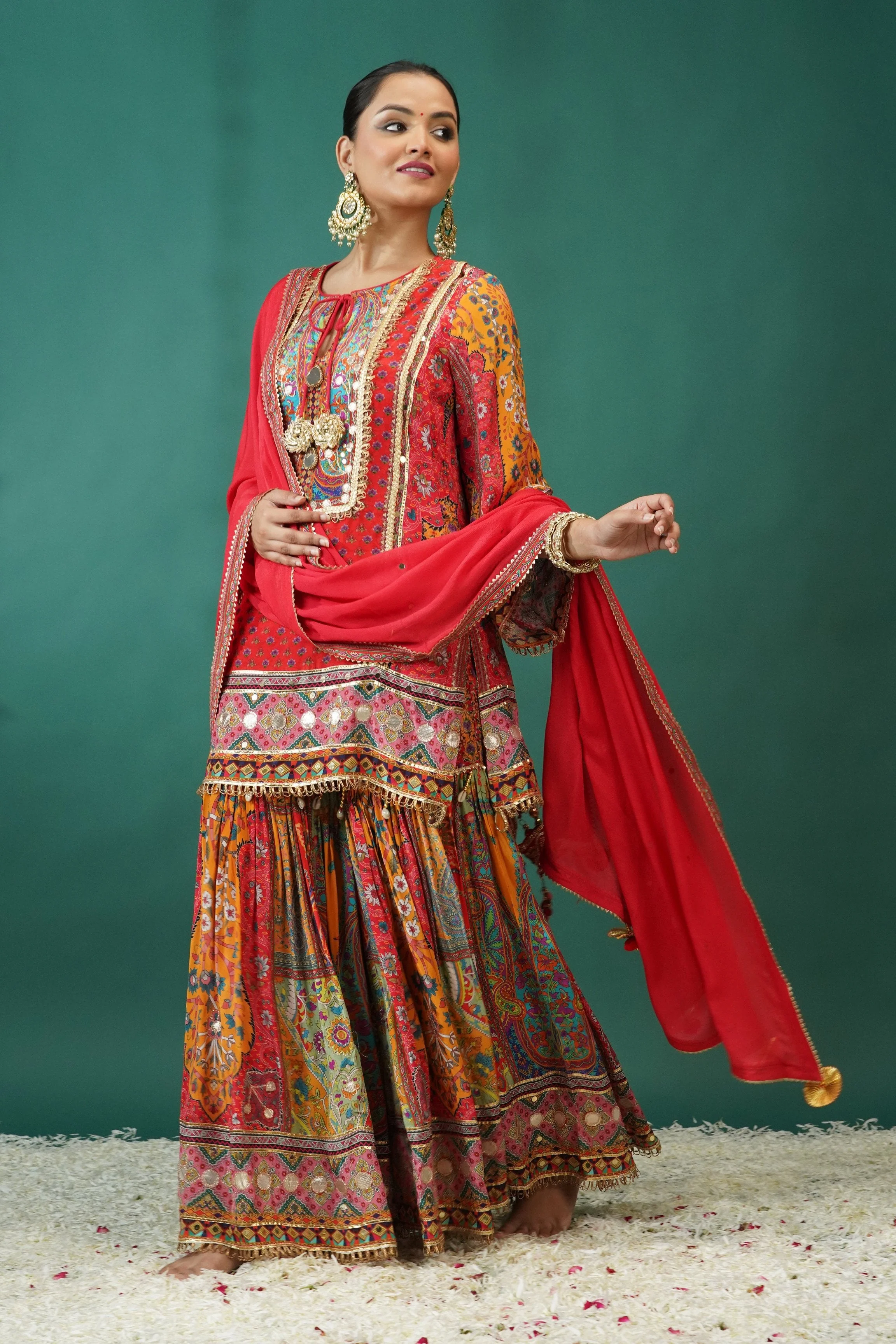 Festive Orange Ethnic Printed Crepe Silk Sharara Set - Image 3