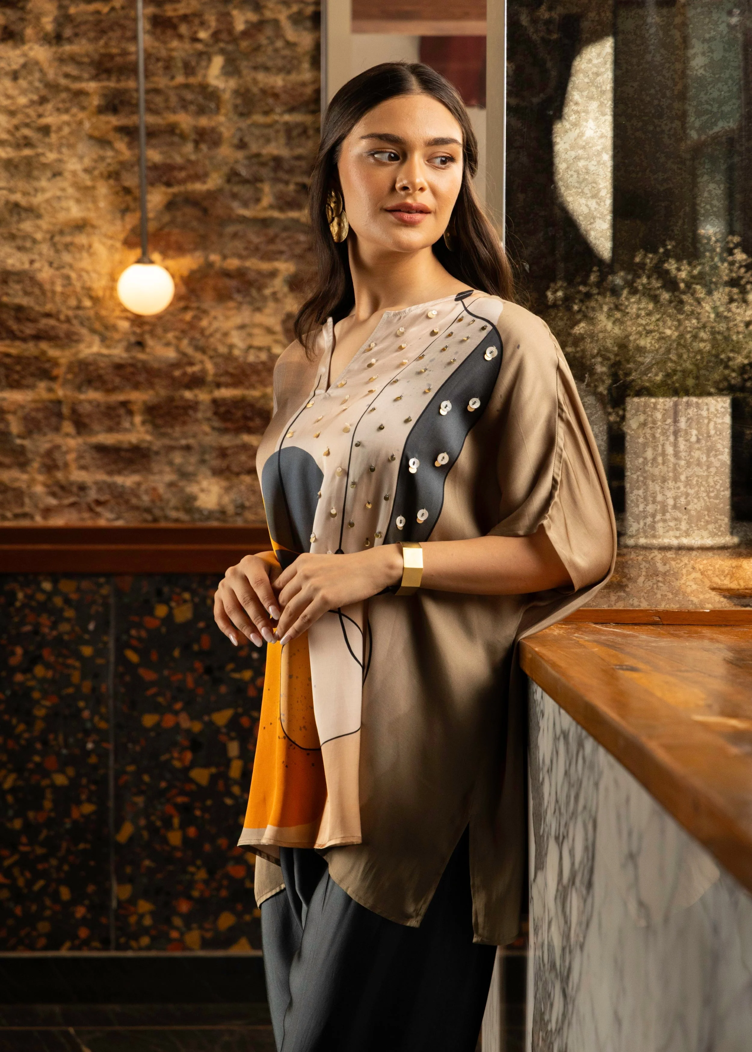 Orange Abstract Print Satin Silk Kaftan Set - Image 3