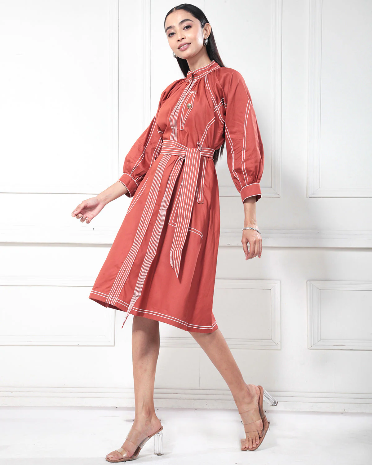 Rustic Orange Solid Cosmopolitan Shirt Dress - Image 4