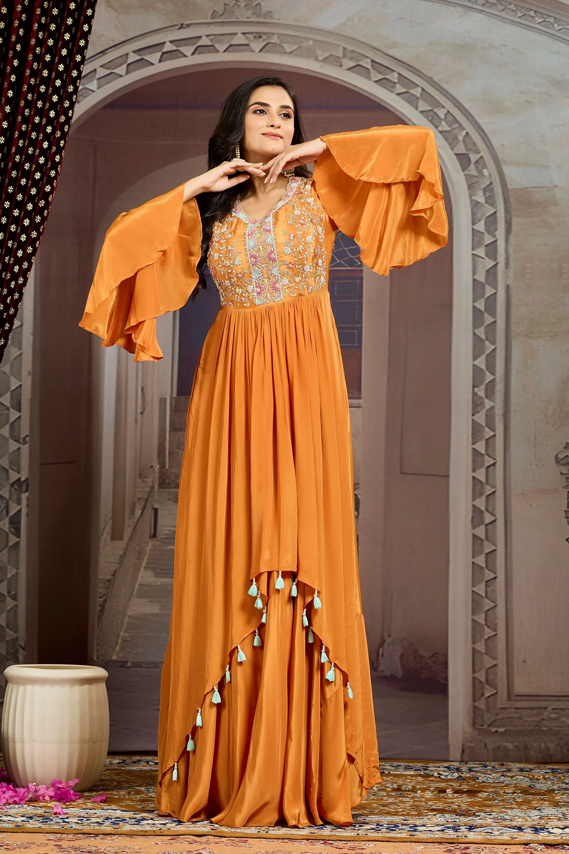 Orange Embellished Chinon Silk  Gown - Image 3