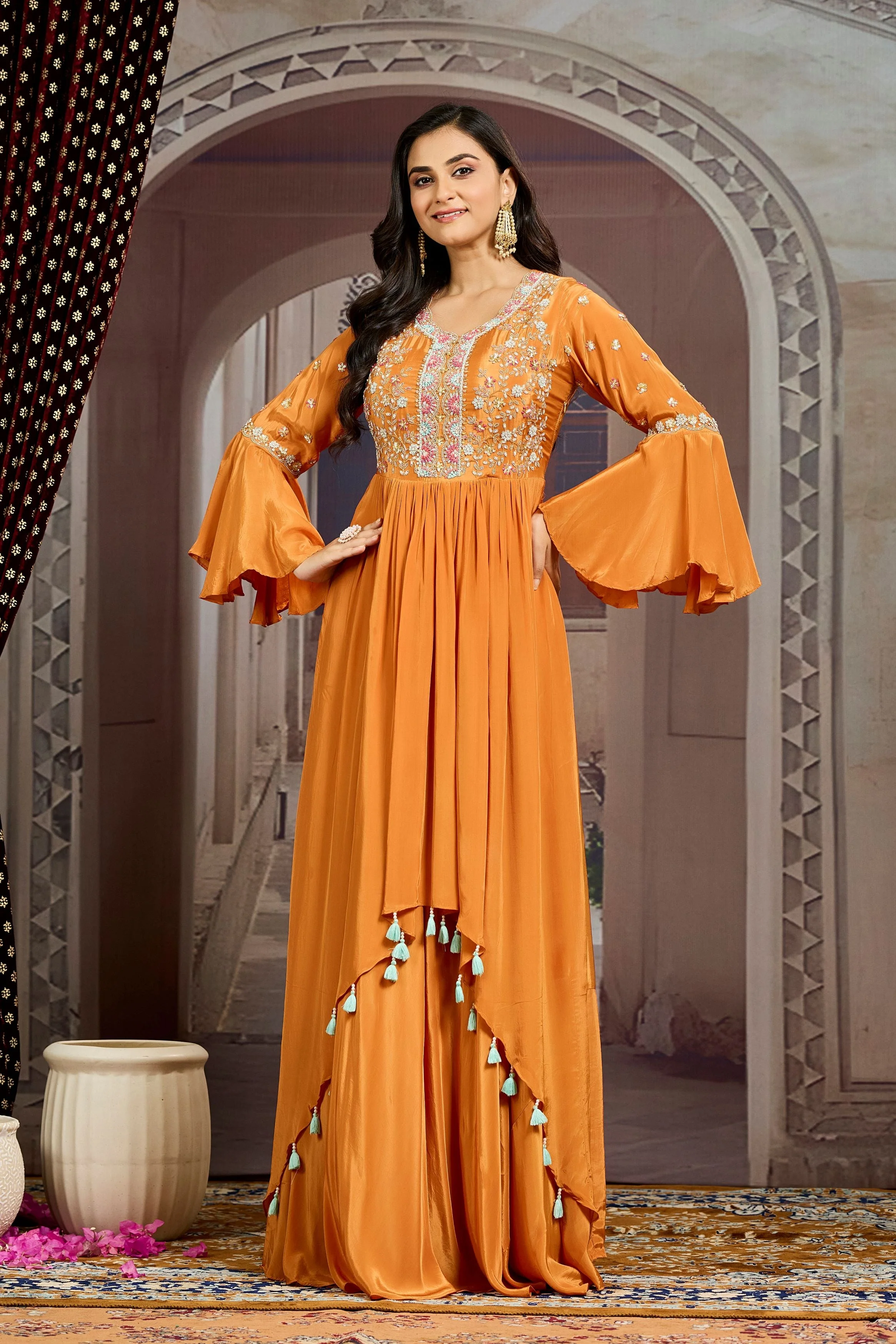 Orange Embellished Chinon Silk  Gown - Image 4