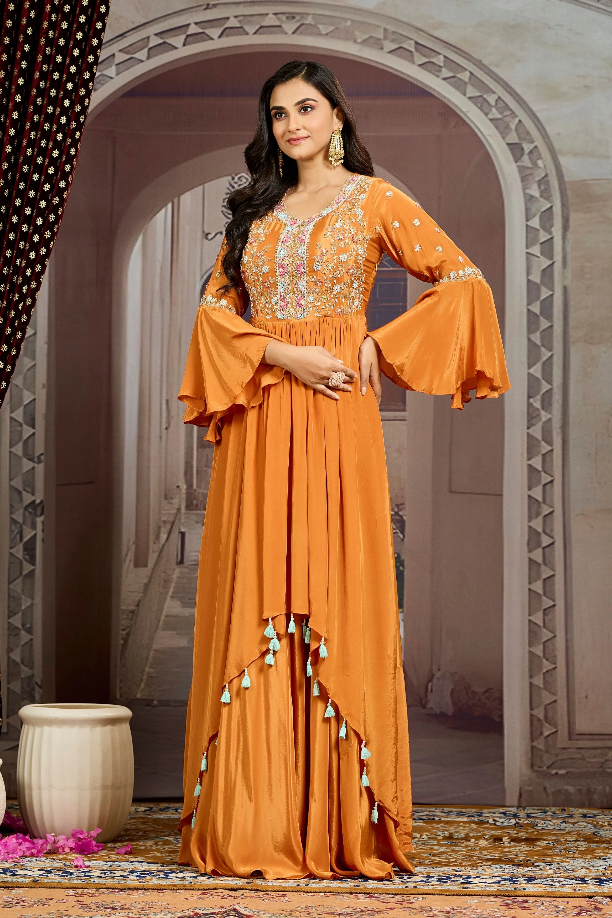 Orange Embellished Chinon Silk  Gown - Image 5