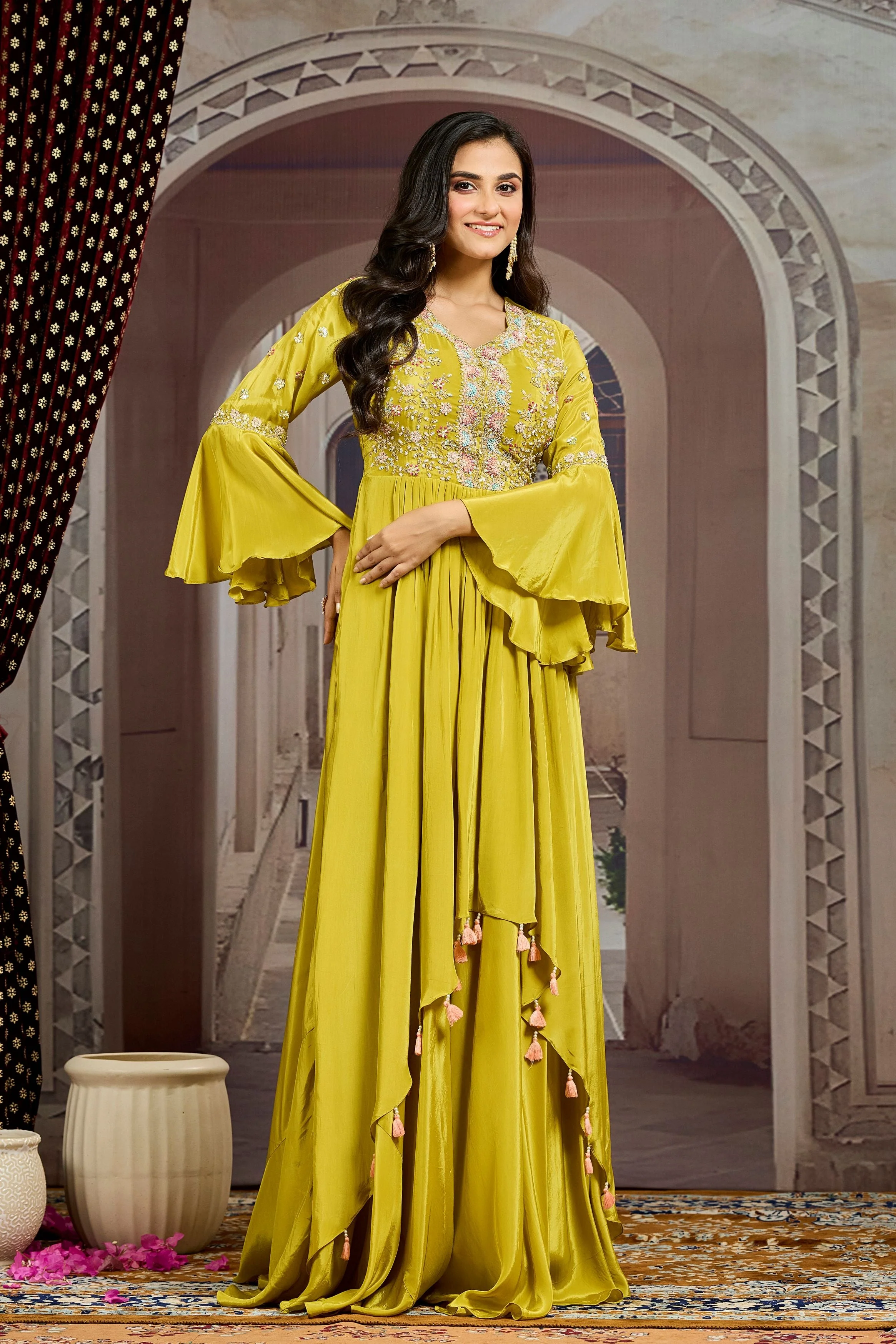 Pear Green Embellished Chinon Silk  Gown - Image 3