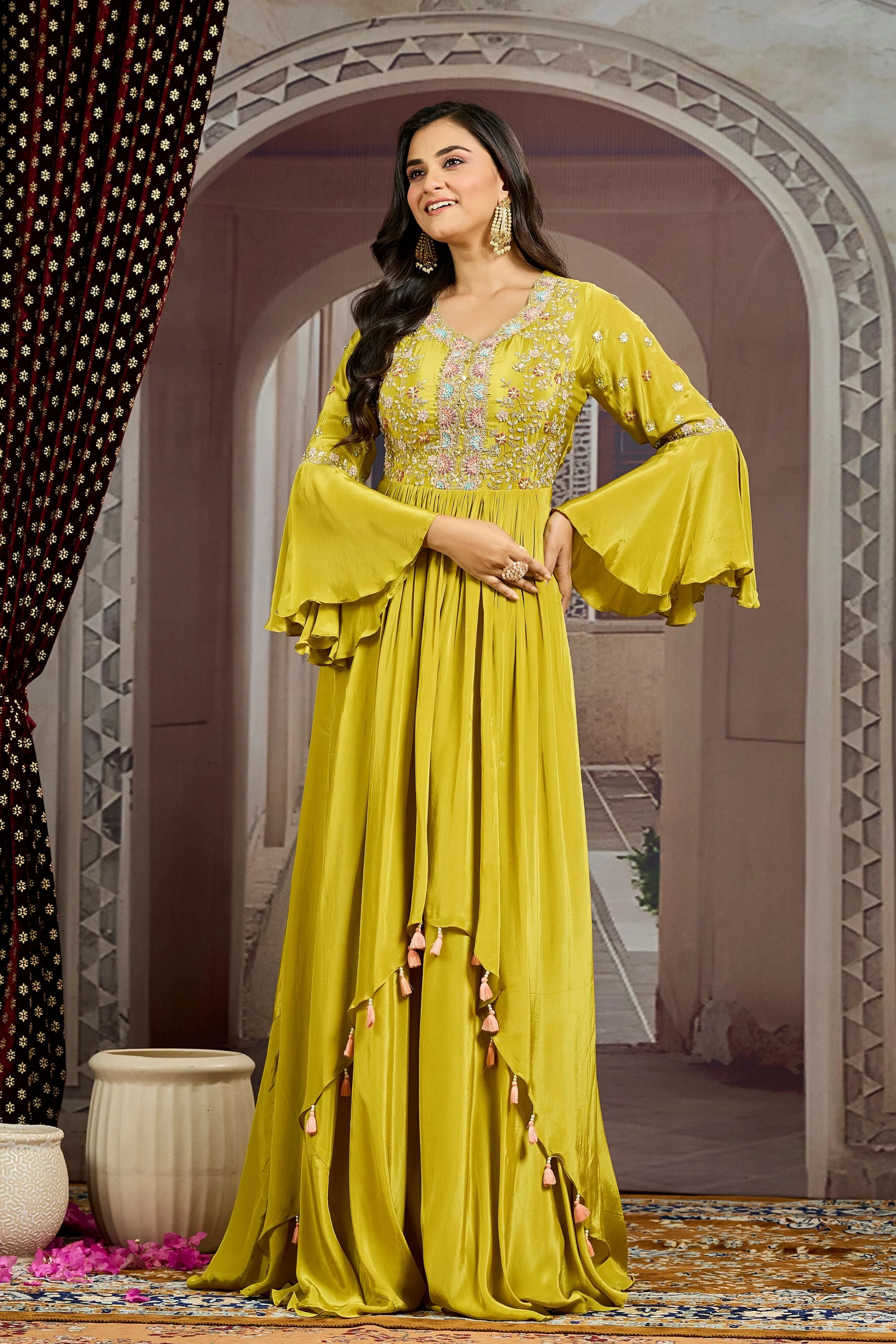 Pear Green Embellished Chinon Silk  Gown - Image 4