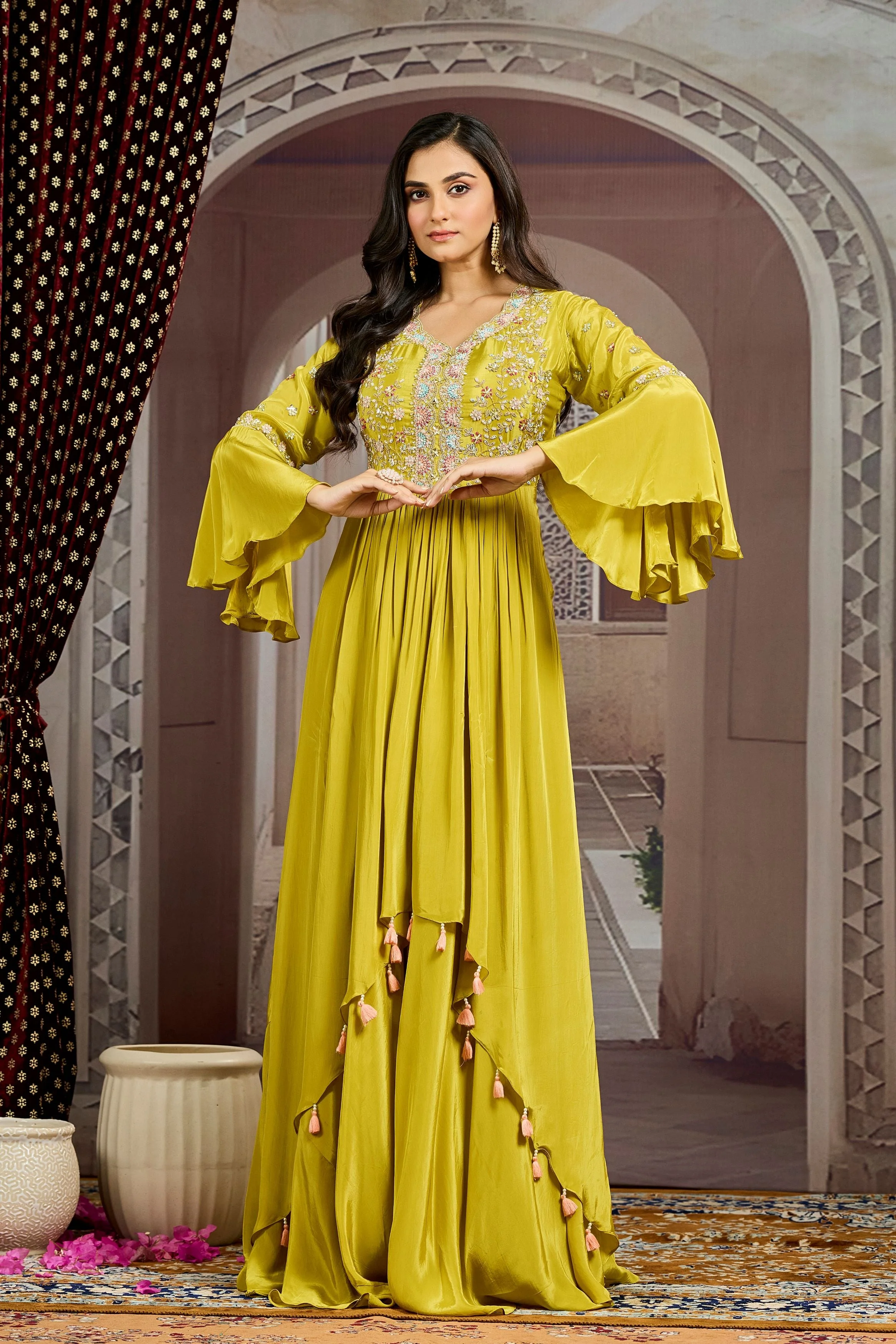 Pear Green Embellished Chinon Silk  Gown - Image 5