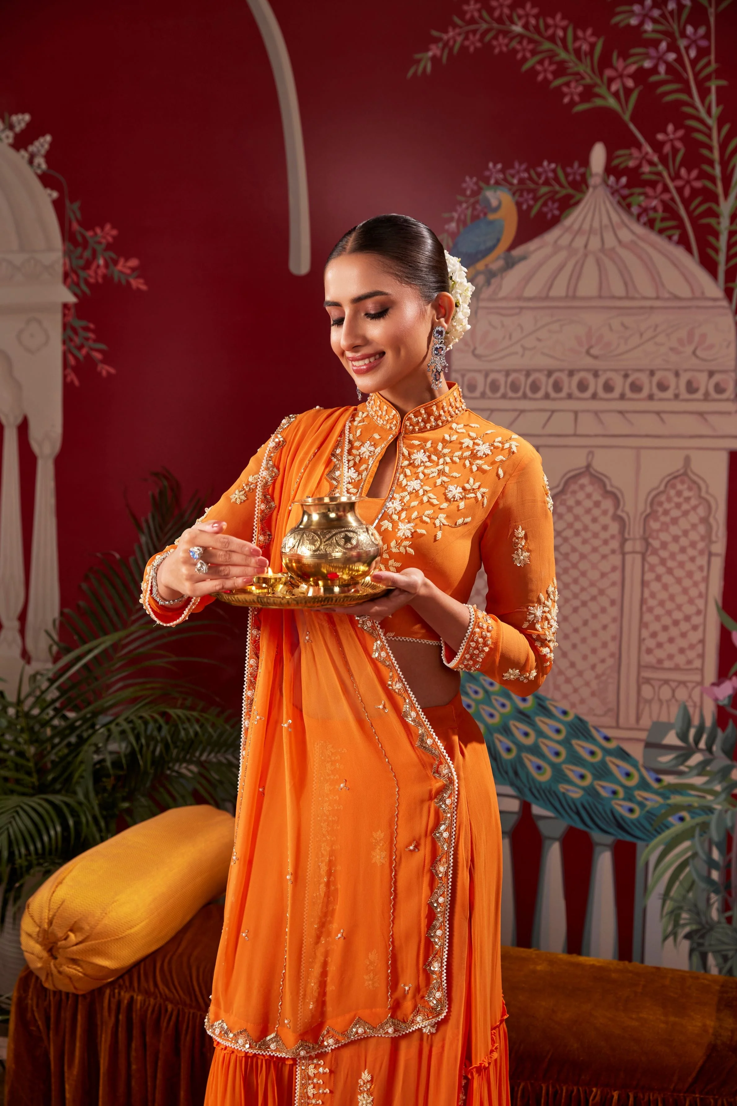 Orange Embellished Crystal Georgette Skirt With Drape - Image 2