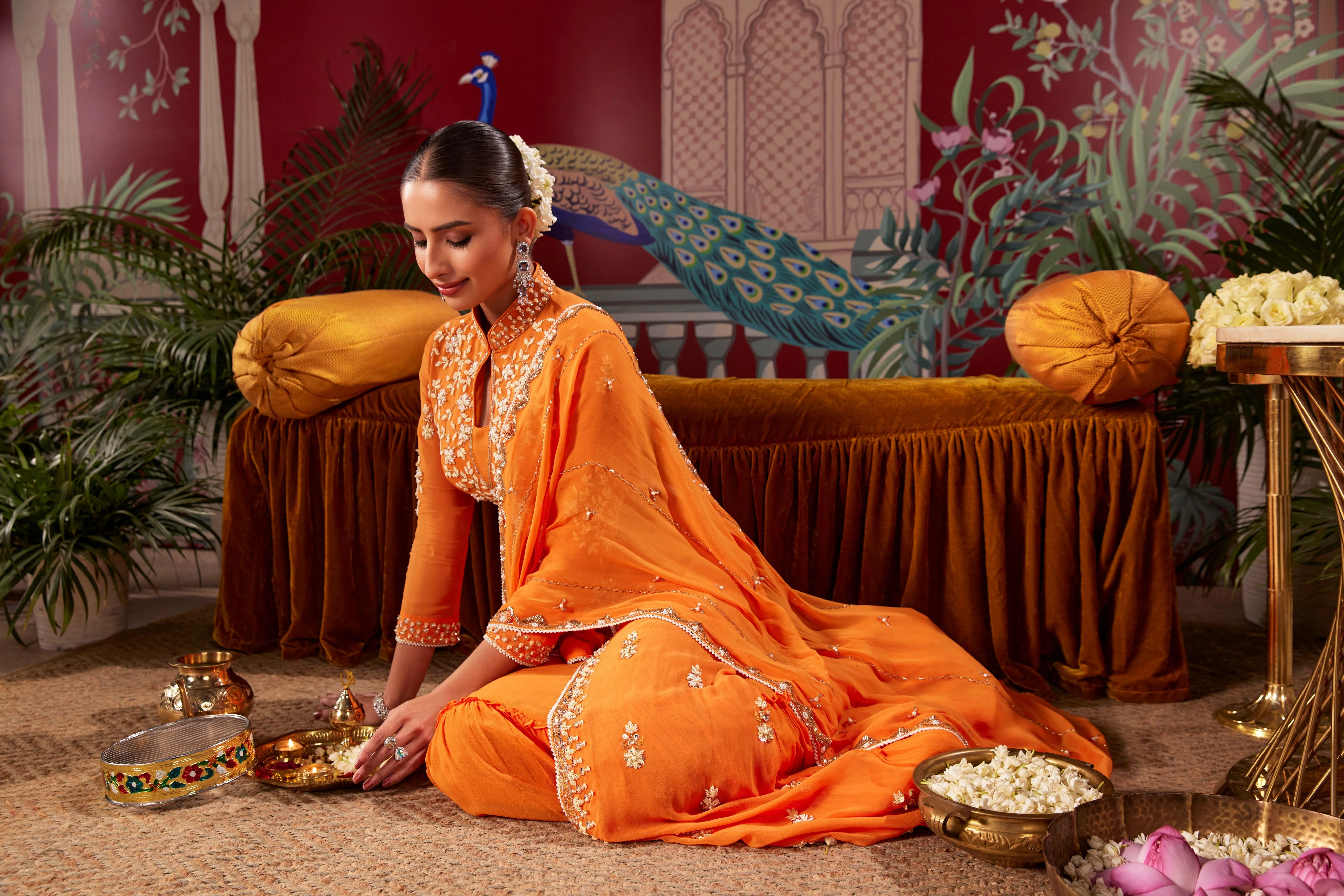 Orange Embellished Crystal Georgette Skirt With Drape - Image 3