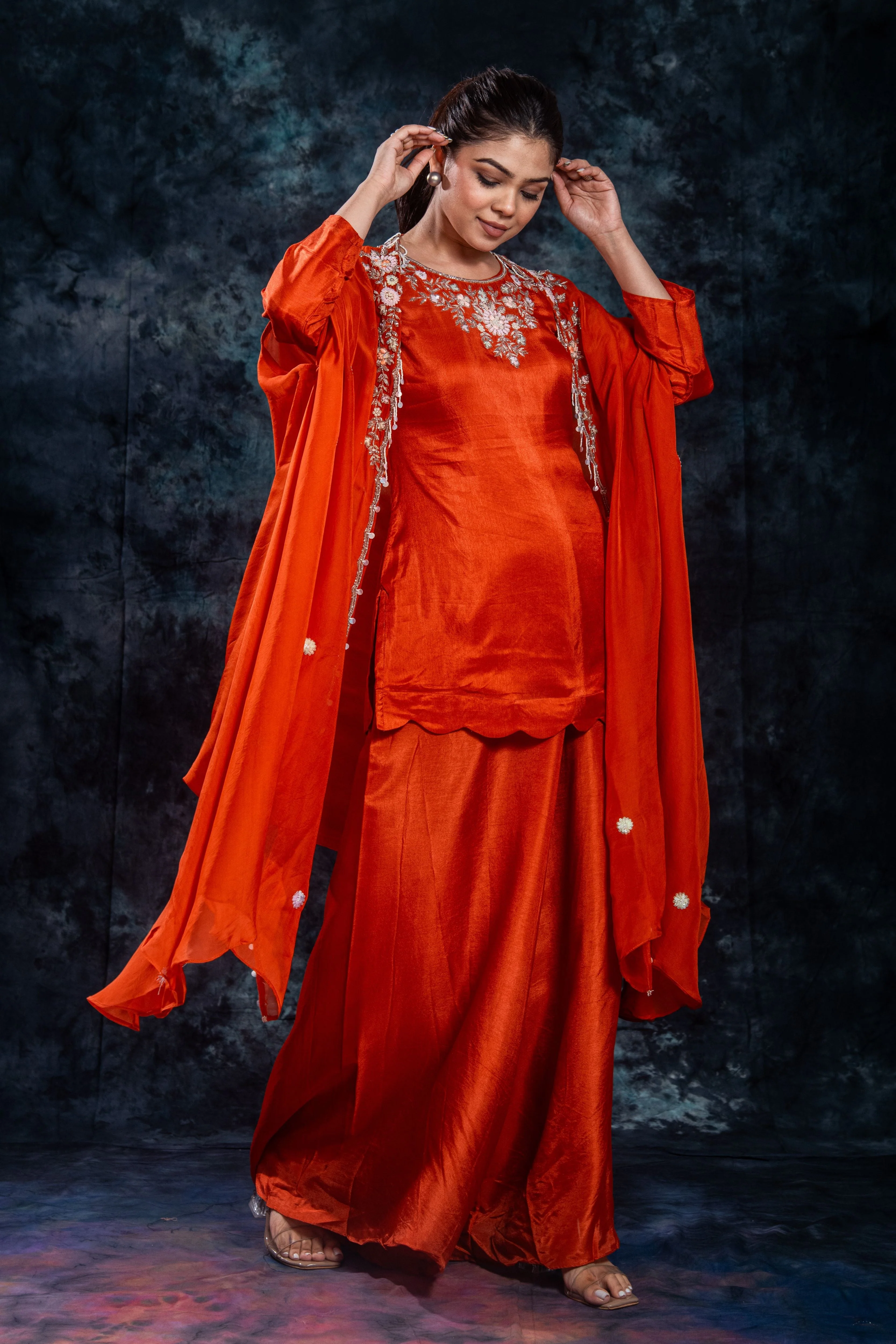 Orange Embellished Organza Silk Cape Set - Image 2