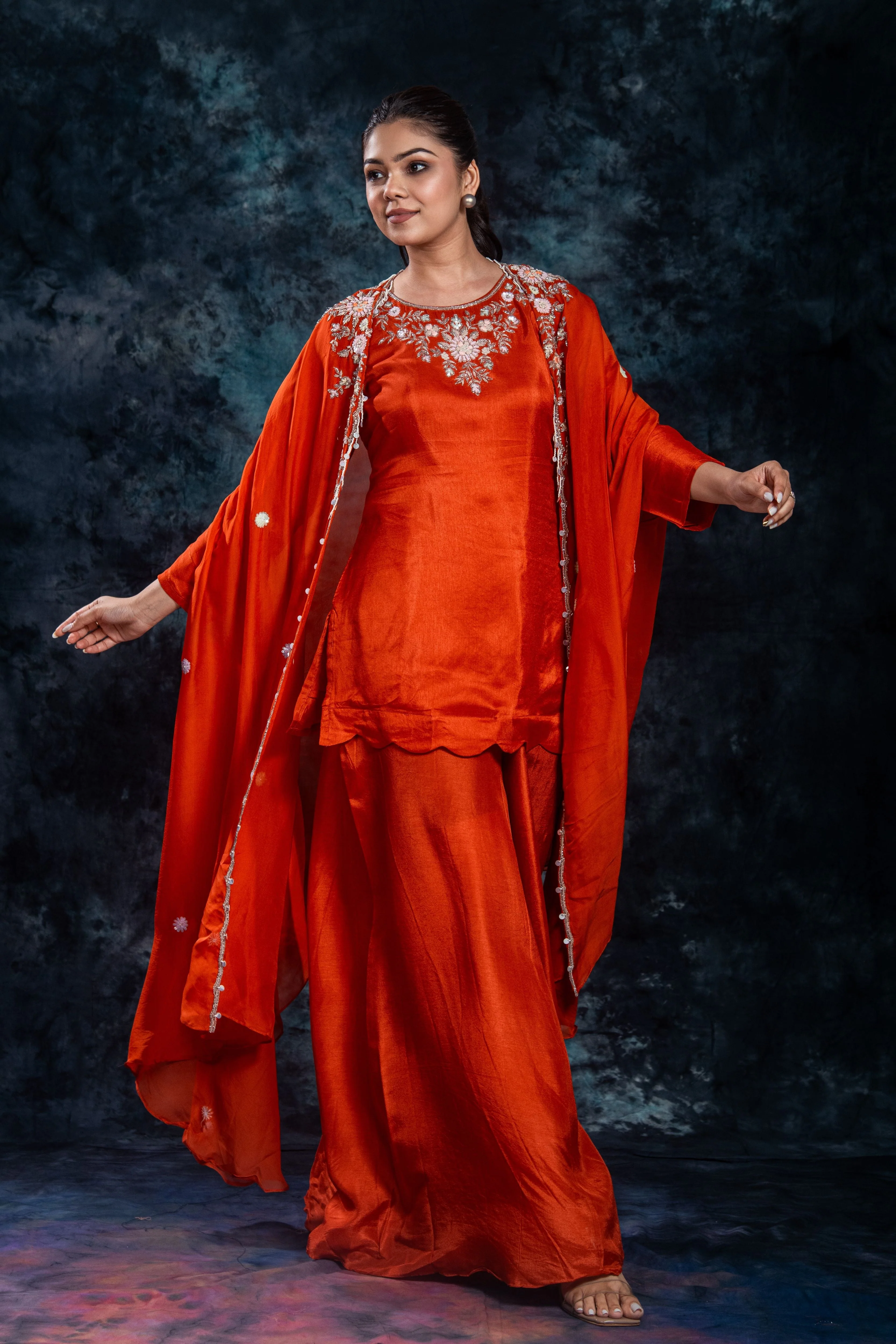 Orange Embellished Organza Silk Cape Set - Image 3