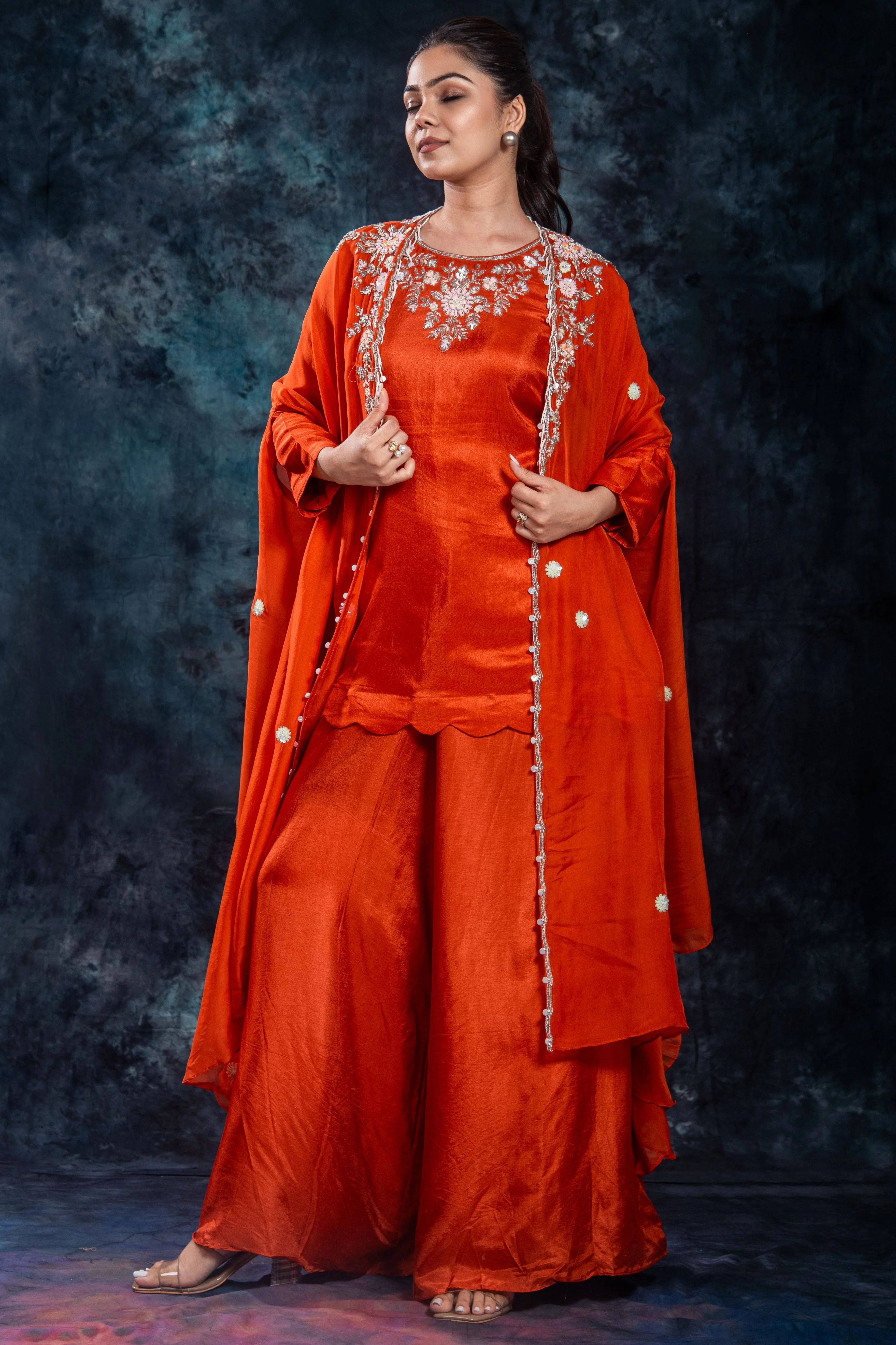 Orange Embellished Organza Silk Cape Set - Image 4