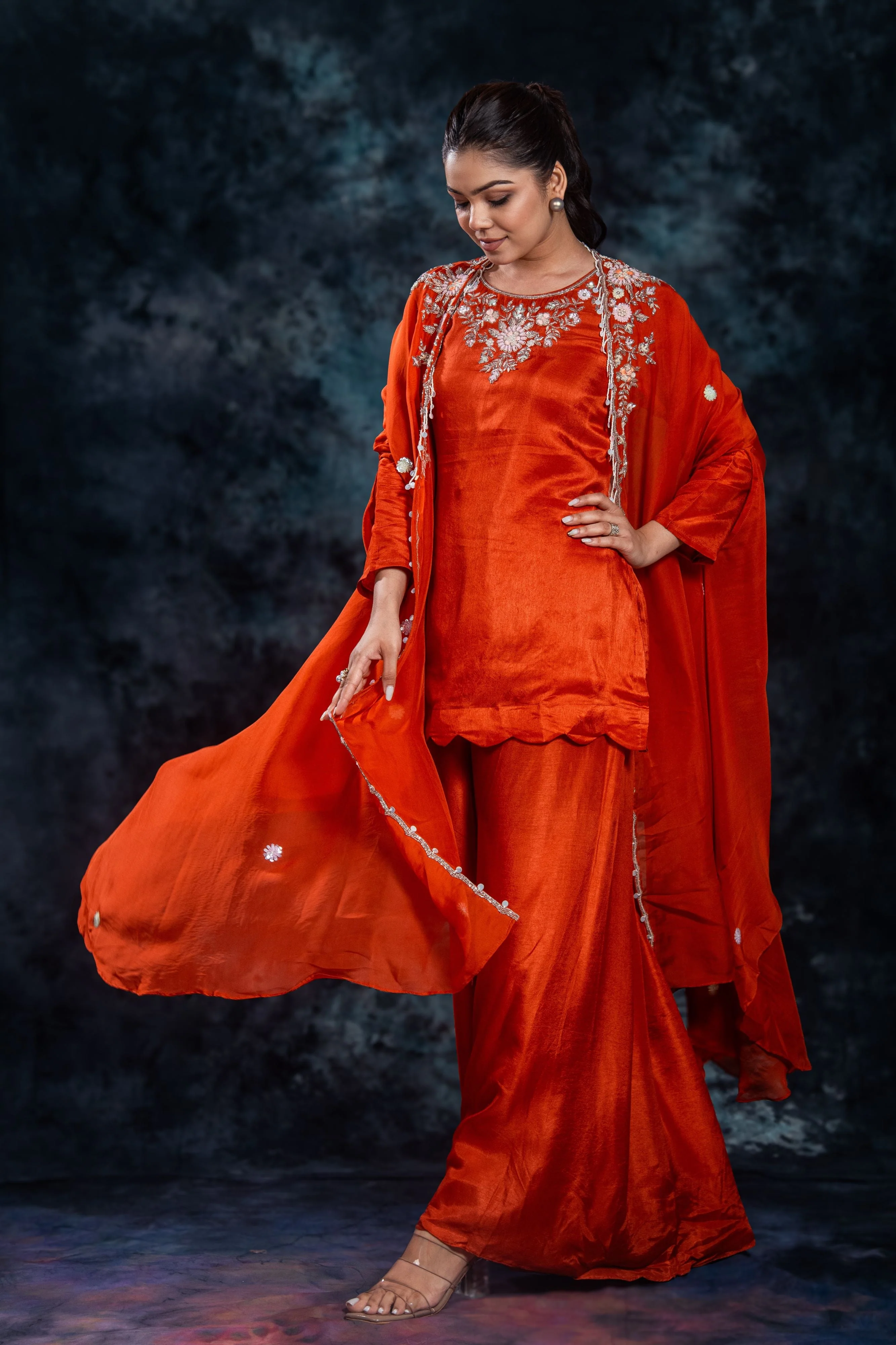 Orange Embellished Organza Silk Cape Set - Image 5