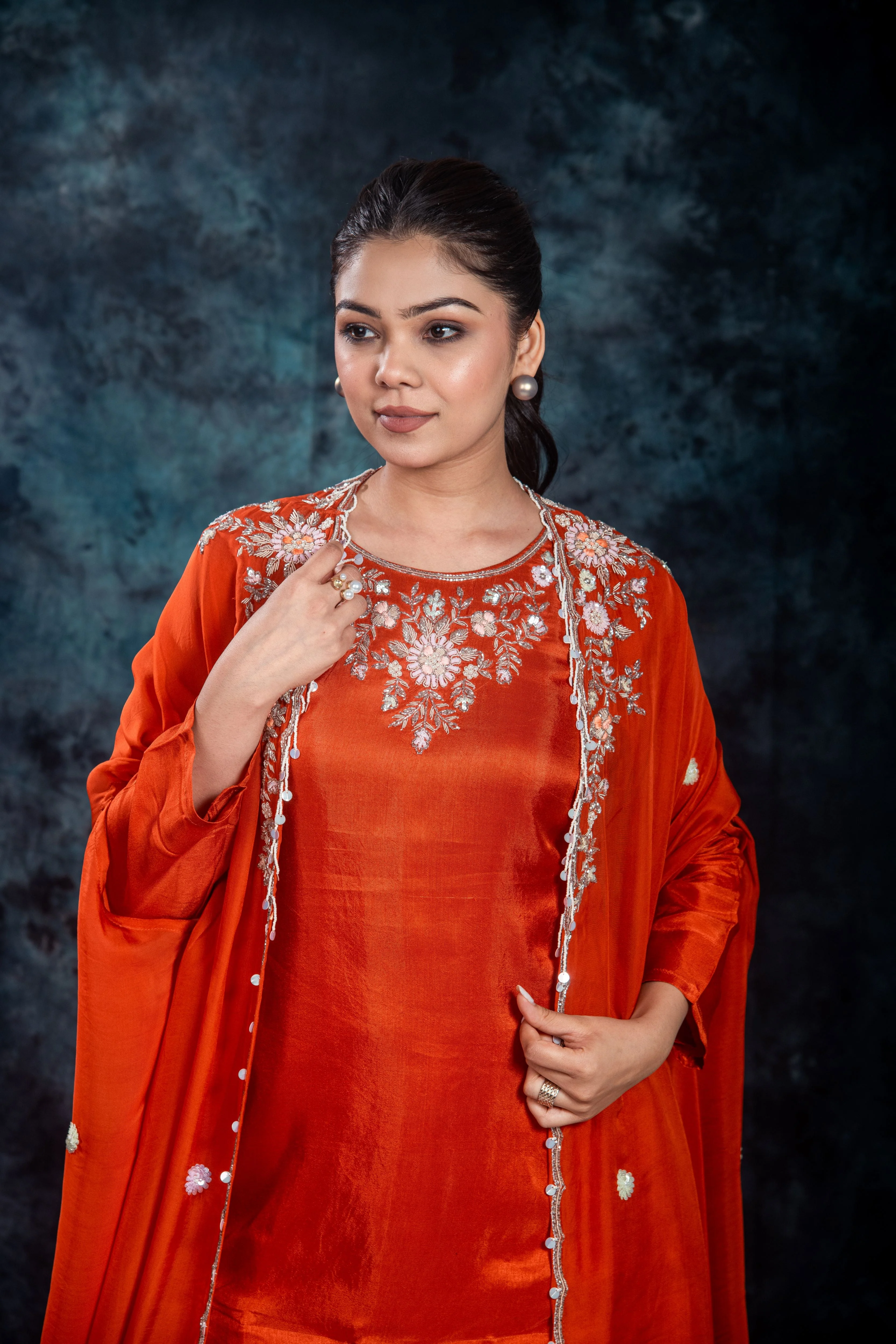 Orange Embellished Organza Silk Cape Set - Image 6