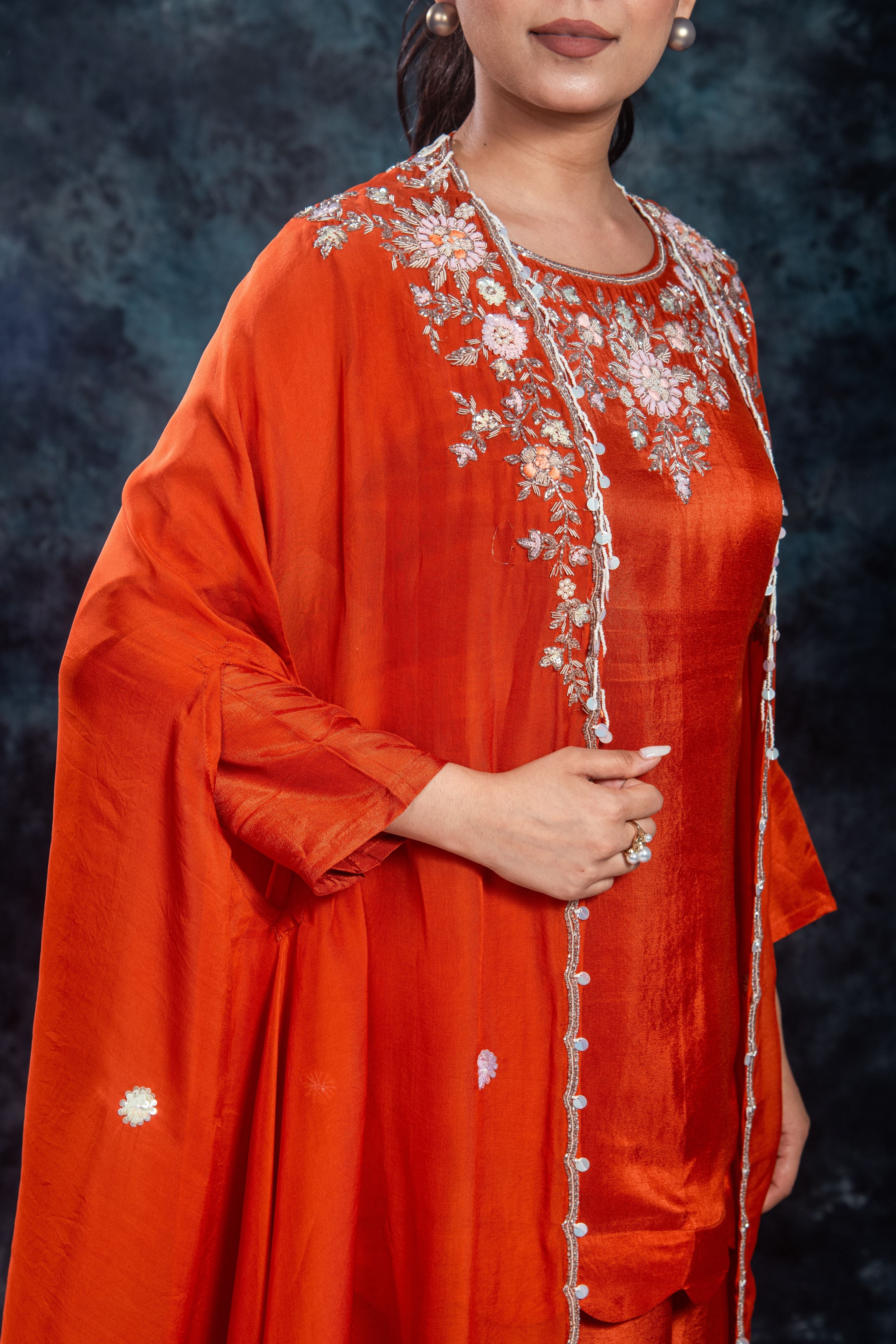 Orange Embellished Organza Silk Cape Set - Image 7
