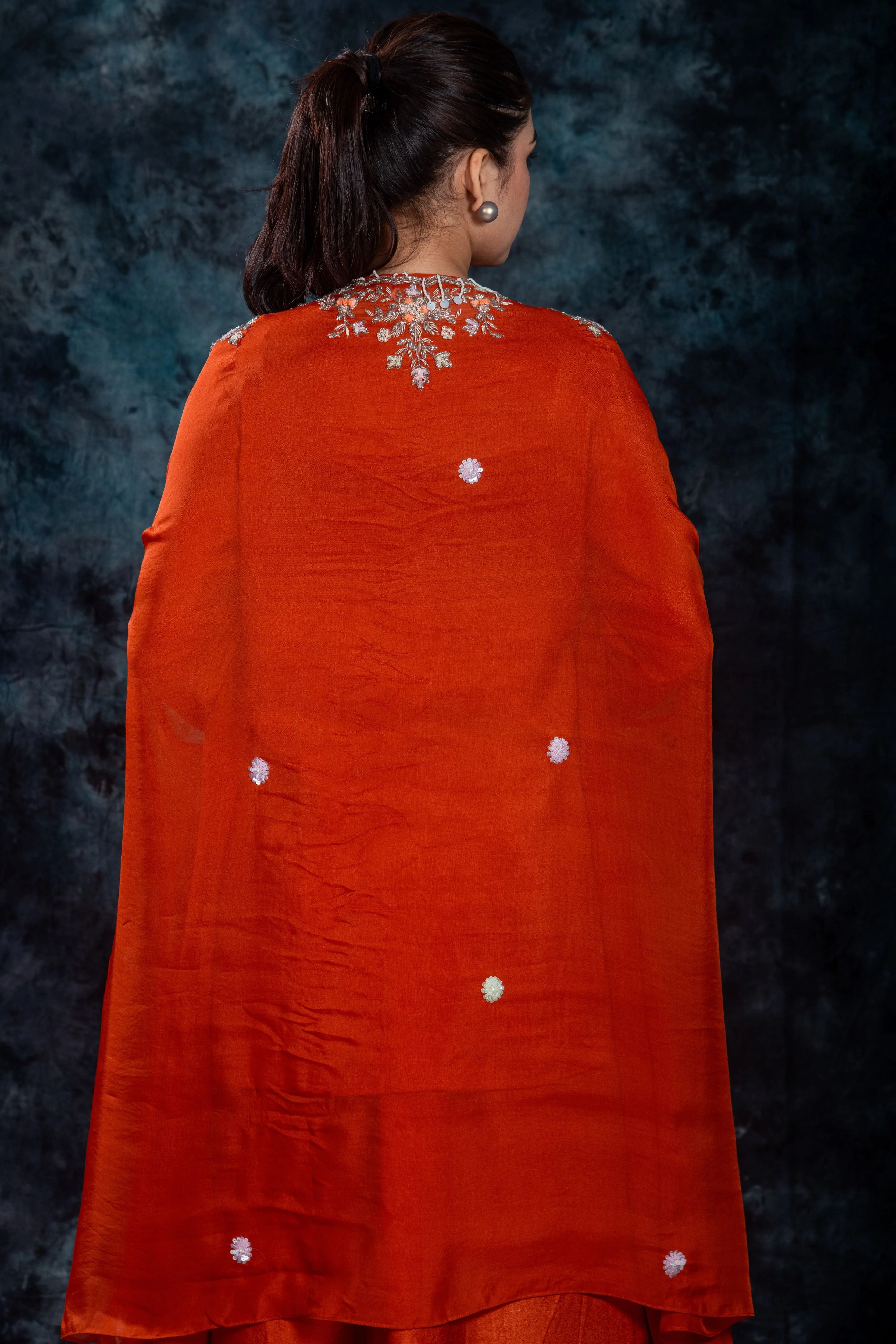 Orange Embellished Organza Silk Cape Set - Image 8